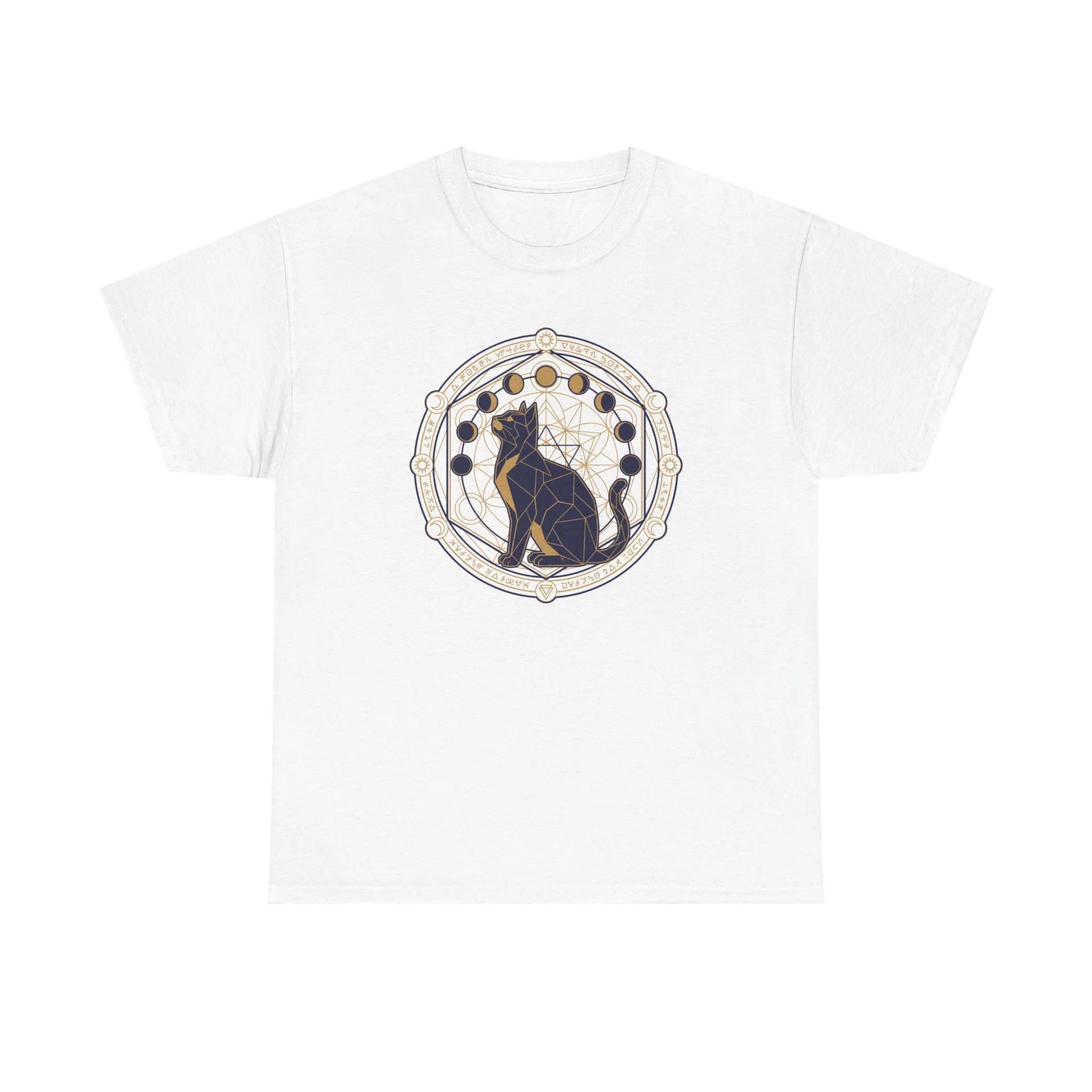 Moon Phases Sacred Geometry Cat Graphic T-Shirt - Heavy Cotton Classic Fit Tee - Unisex White