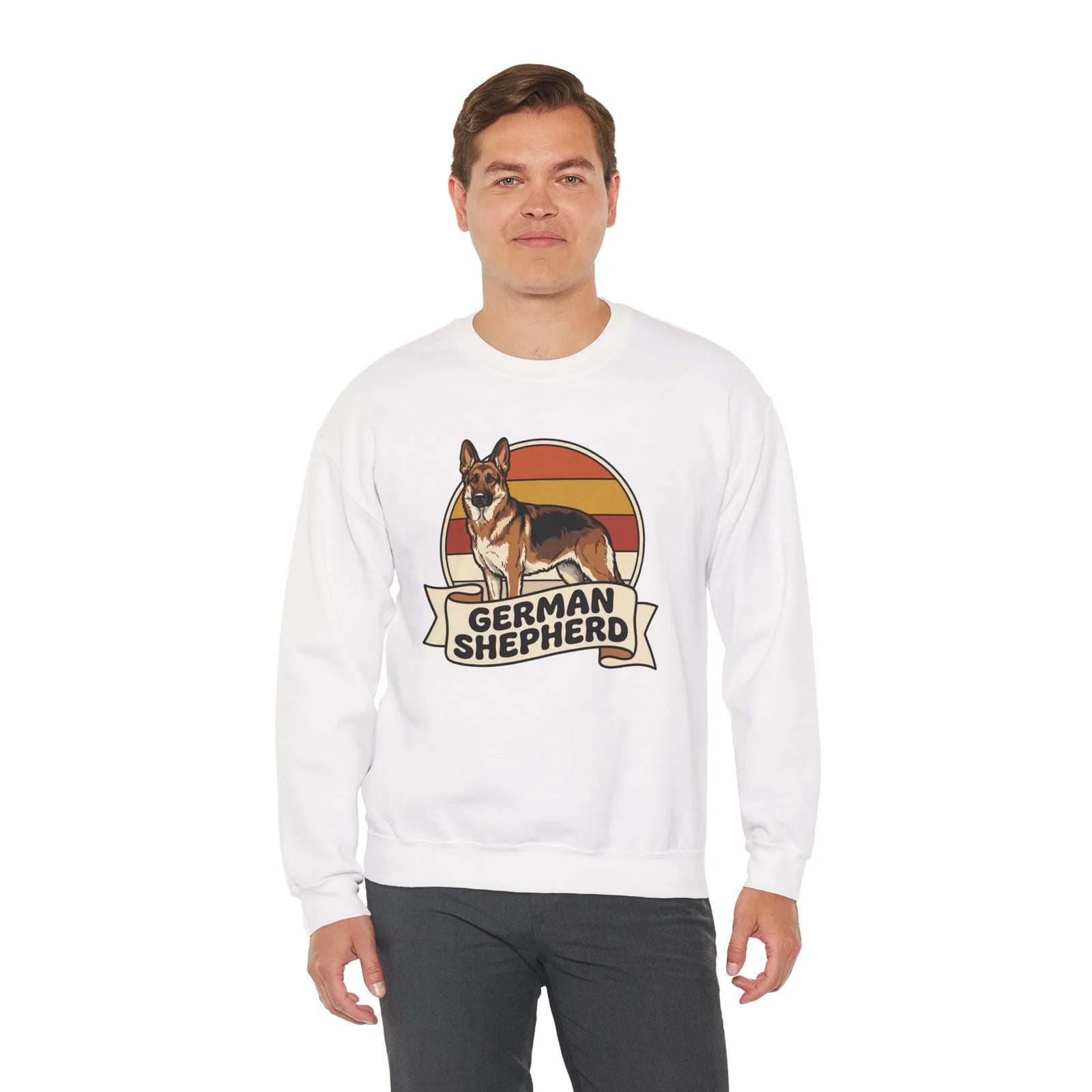 German Shepherd Retro 70s Sunset Sweatshirt - Heavy Blend Cotton Blend Crewneck - Unisex White