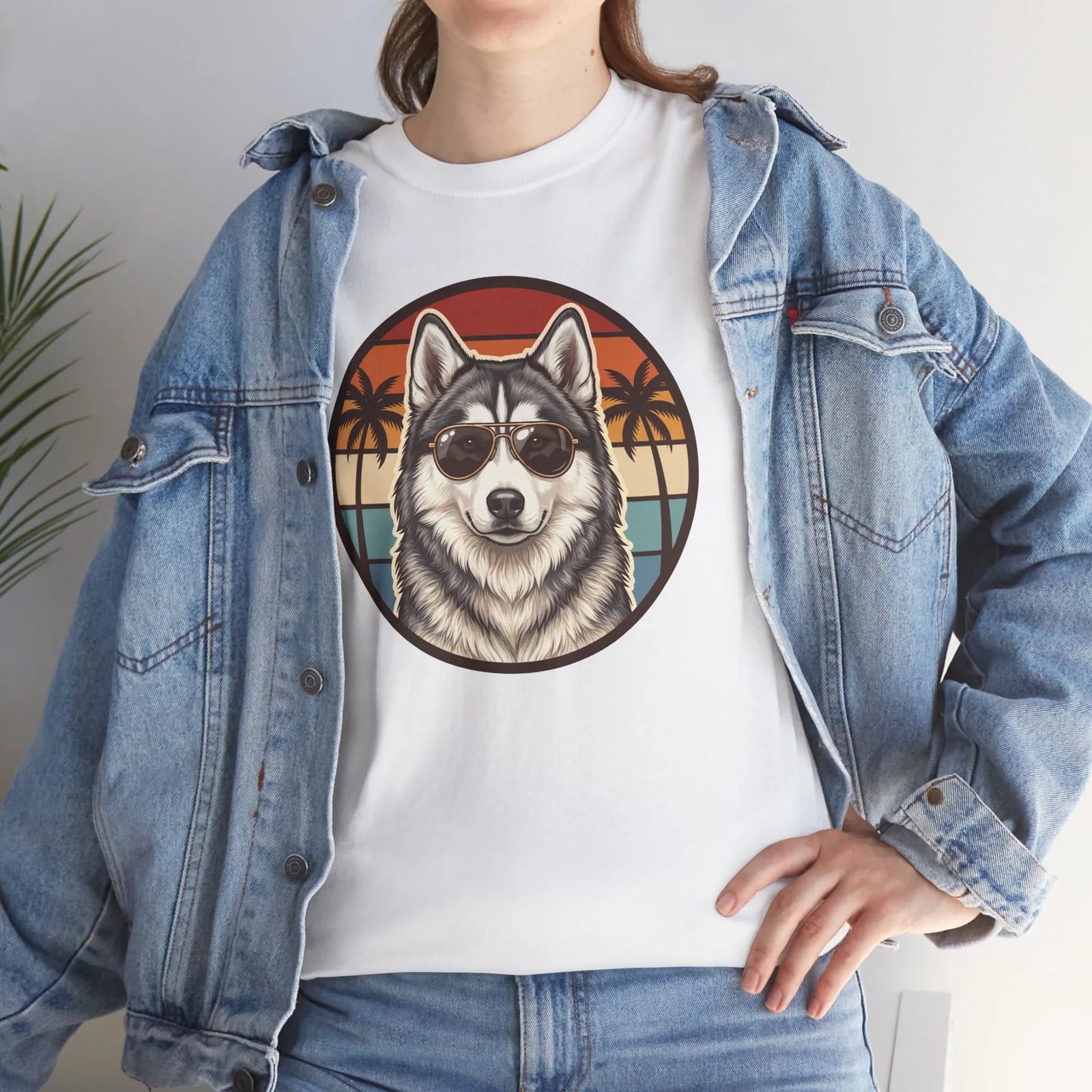 Siberian Husky Aviator Sunset T-Shirt - Heavyweight Classic Fit Cotton Tee - Unisex White