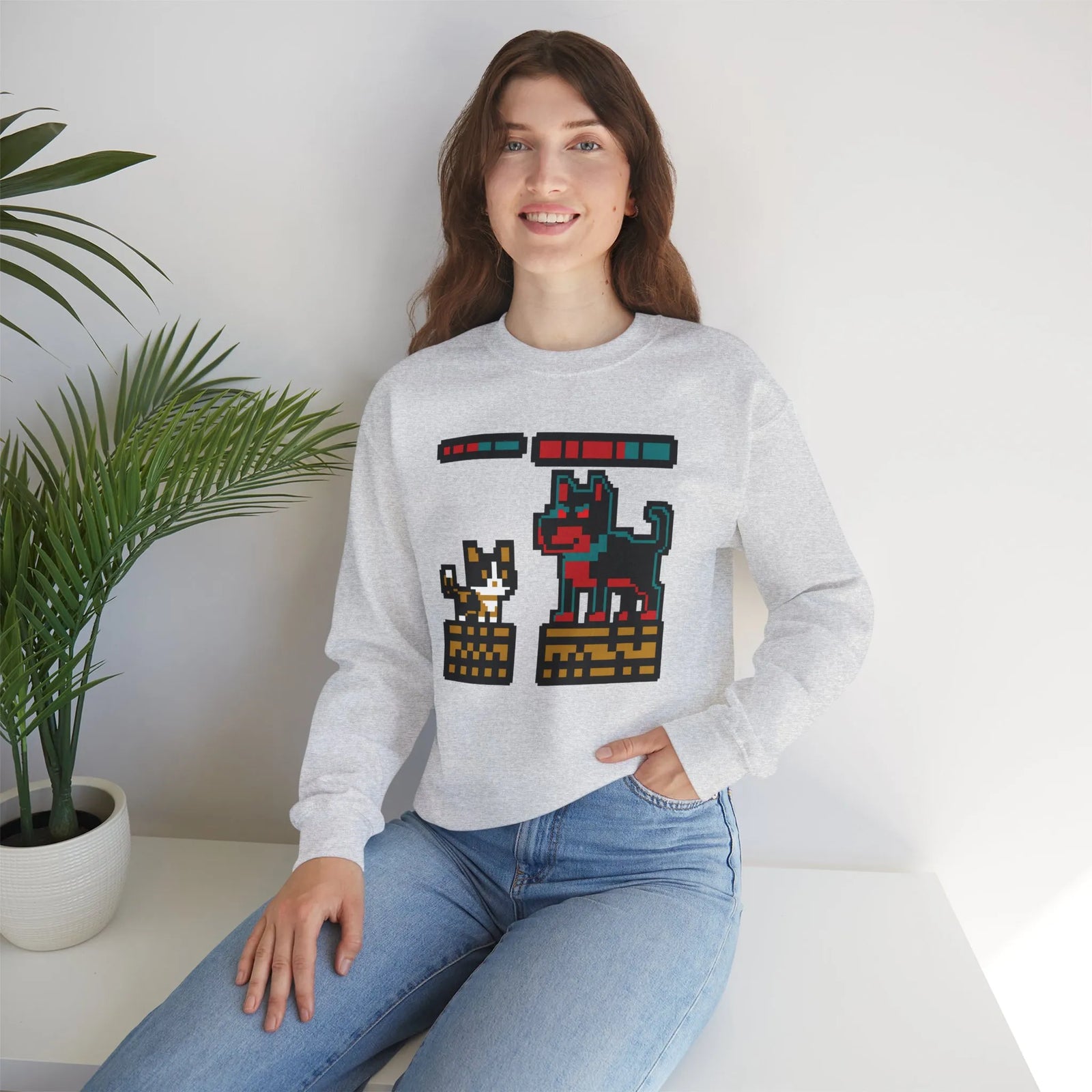 8-Bit Pixel Gaming Cats Boss Fight Sweatshirt - Heavyweight Cotton Blend Crewneck - Unisex Ash