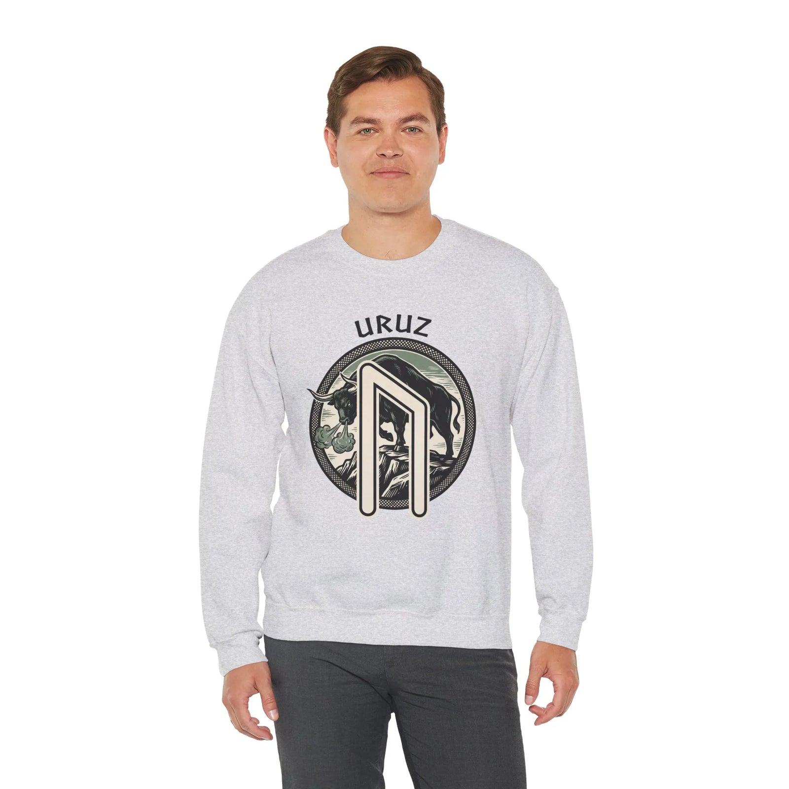 Uruz Rune Bull Norse Mythology Sweatshirt - Heavy Blend Cotton Poly Crewneck - Unisex White