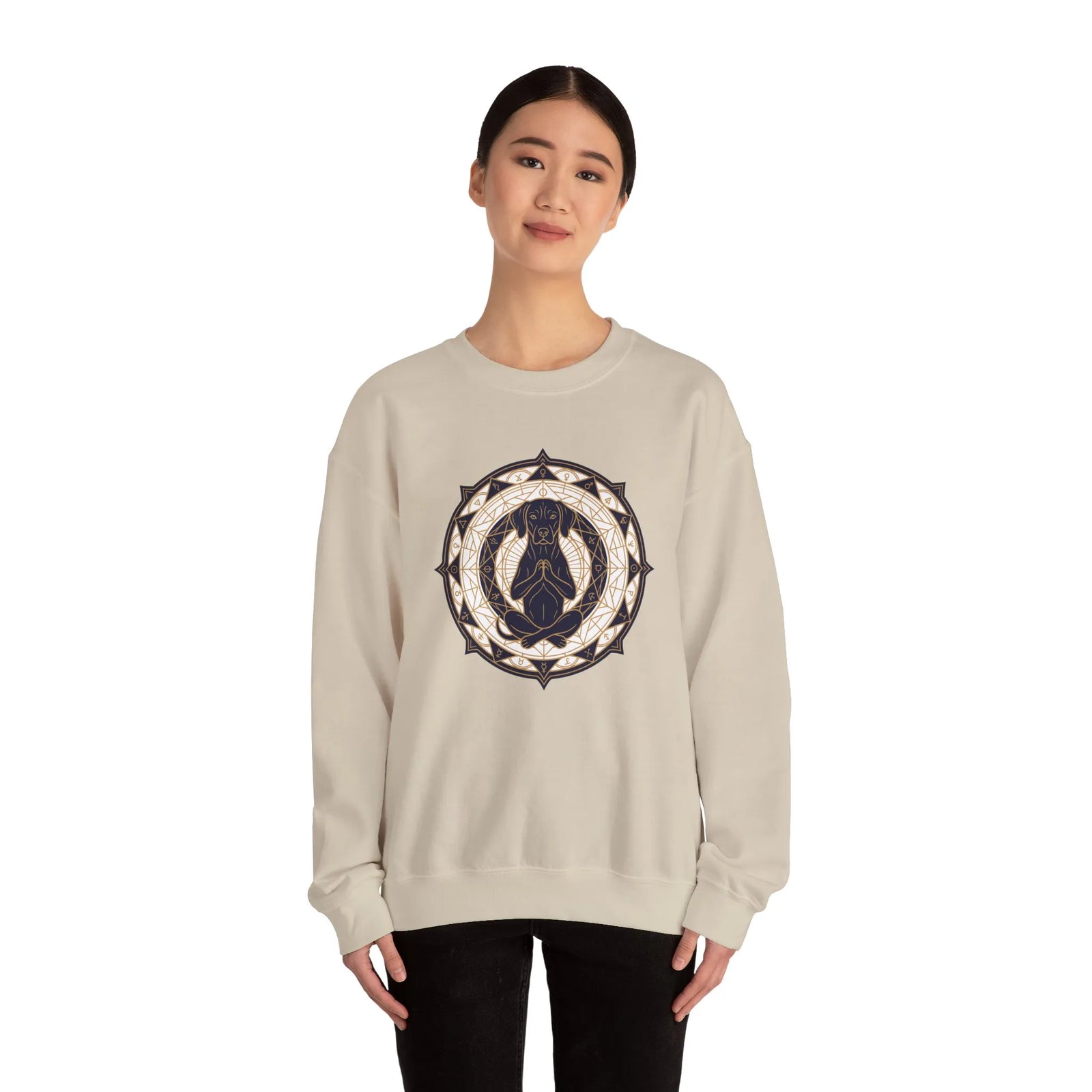 Meditating Dog Sacred Geometry Sweatshirt - Heavy Blend Fleece Crewneck - Unisex White