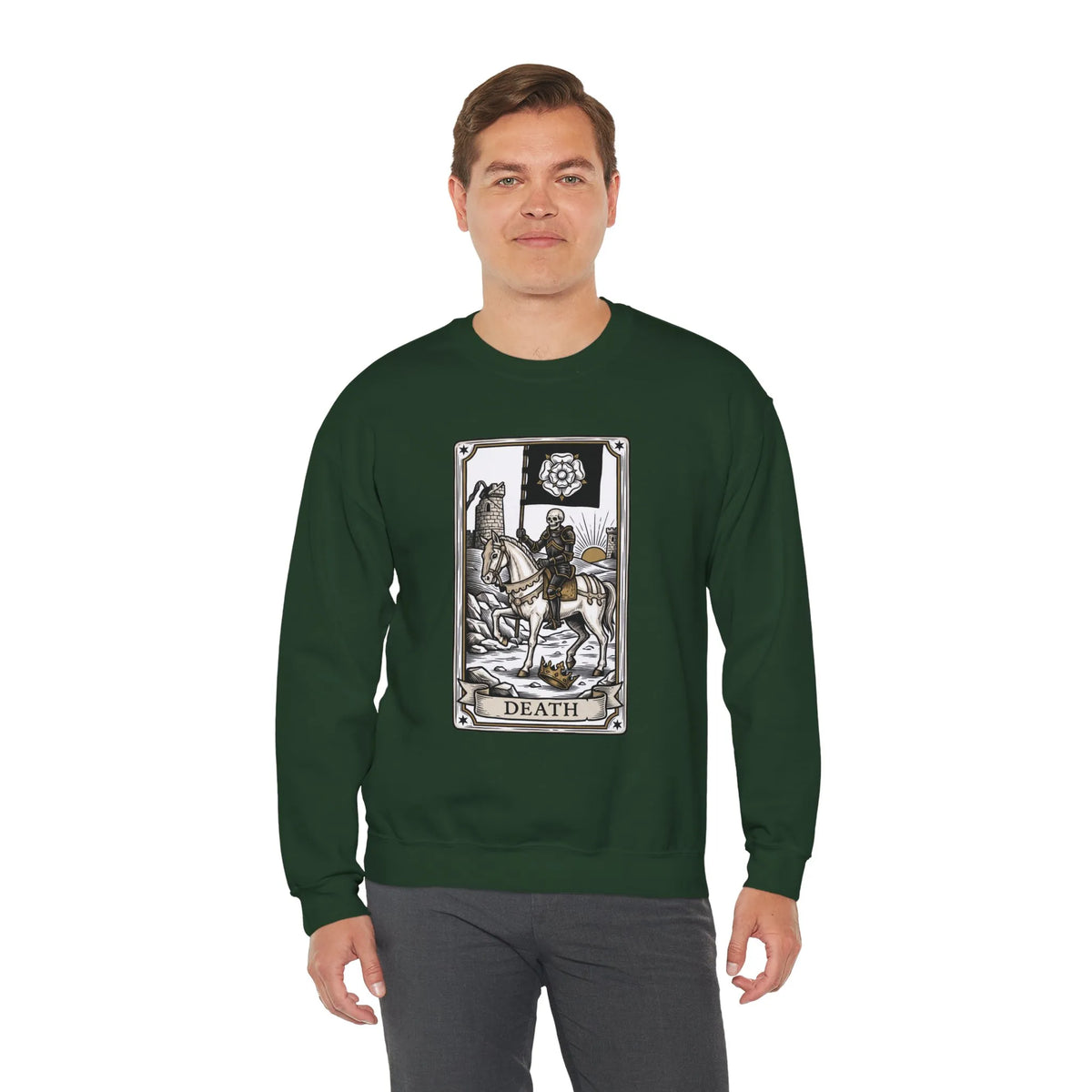 Tarot Death Card Graphic Sweatshirt - Heavy Blend Classic Fit Crewneck - Unisex White