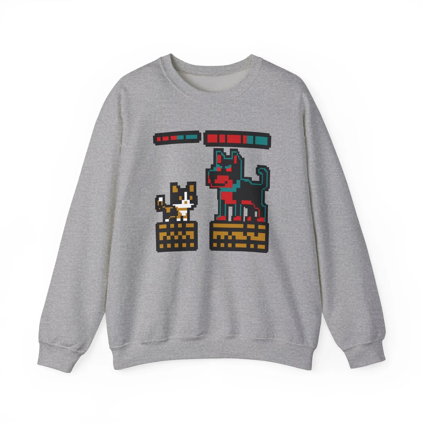 8-Bit Pixel Gaming Cats Boss Fight Sweatshirt - Heavyweight Cotton Blend Crewneck - Unisex Ash