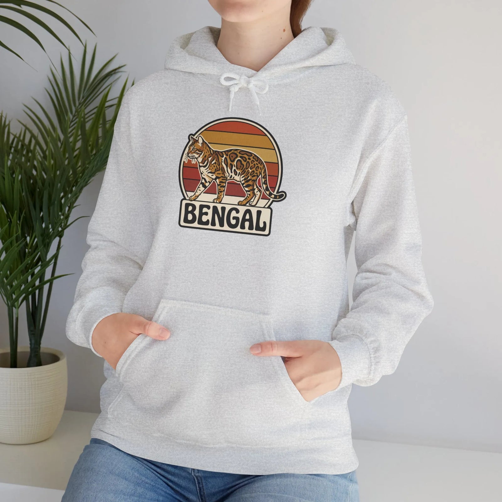 Retro 70s Sunset Bengal Cat Hoodie - Cozy Fleece Blend Pullover - Unisex Ash