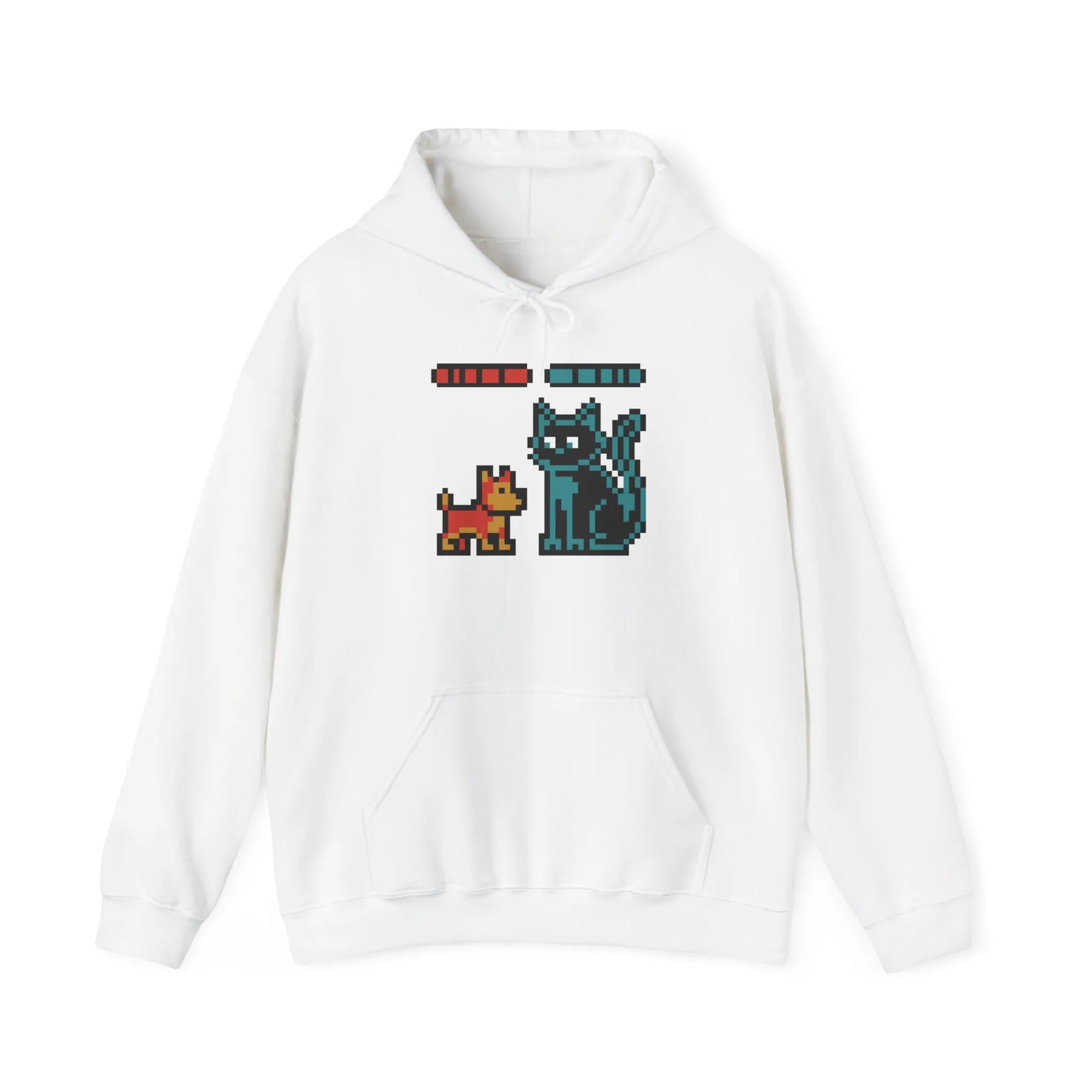 Boss Fight 8-Bit Pixel Gaming Dogs Hoodie - Medium Weight Cotton Blend Pullover - Unisex White