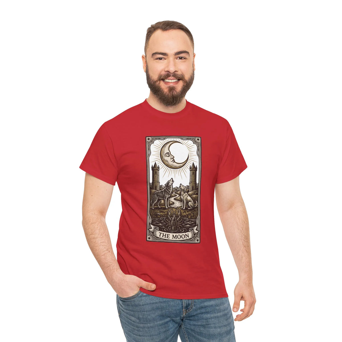 Moonlight Wolves Tarot Graphic T-Shirt - Heavy Cotton Classic Fit Crewneck - Unisex White
