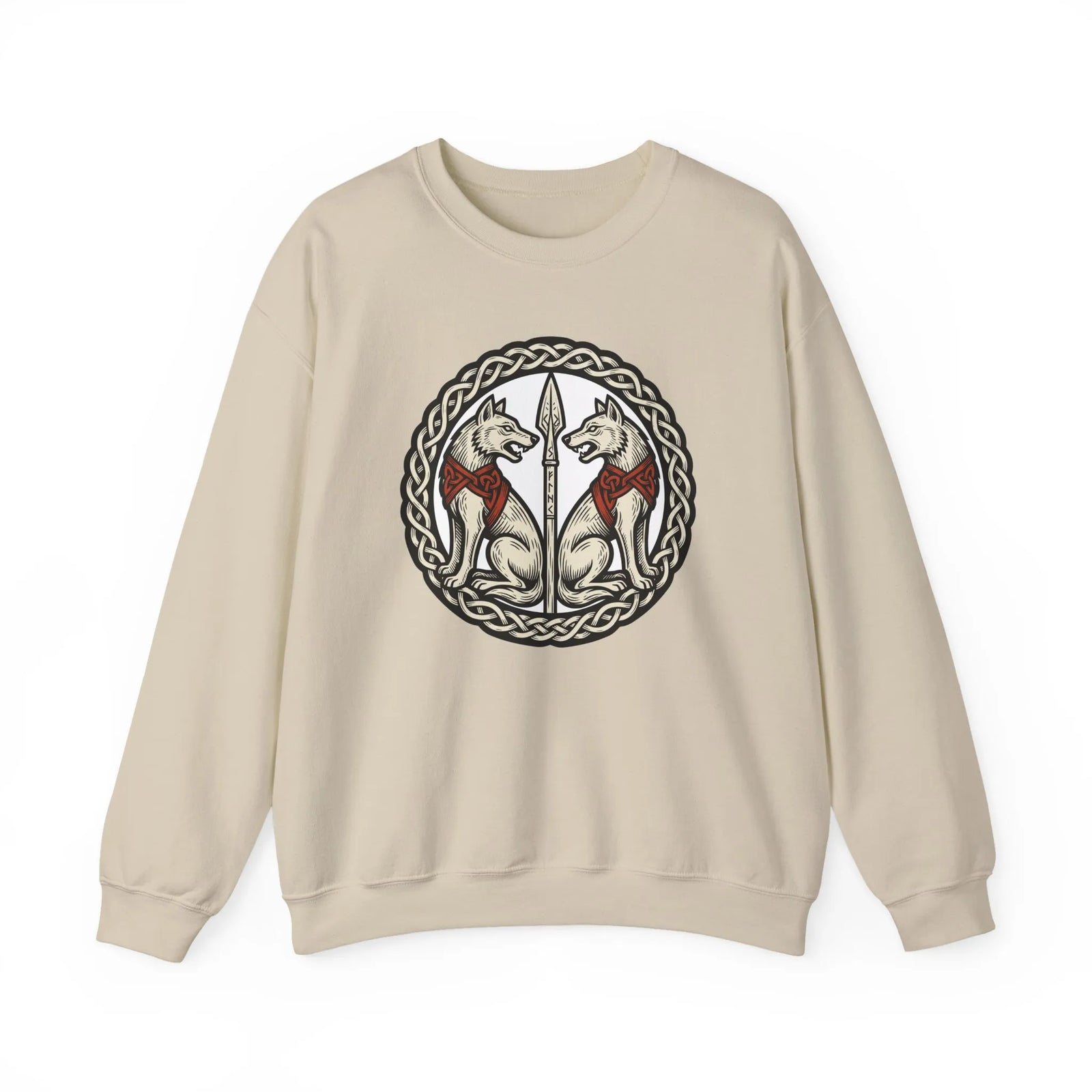 Odin's Wolves Geri & Freki Woodcut Sweatshirt - Heavy Blend Cotton Poly Crewneck - Unisex White