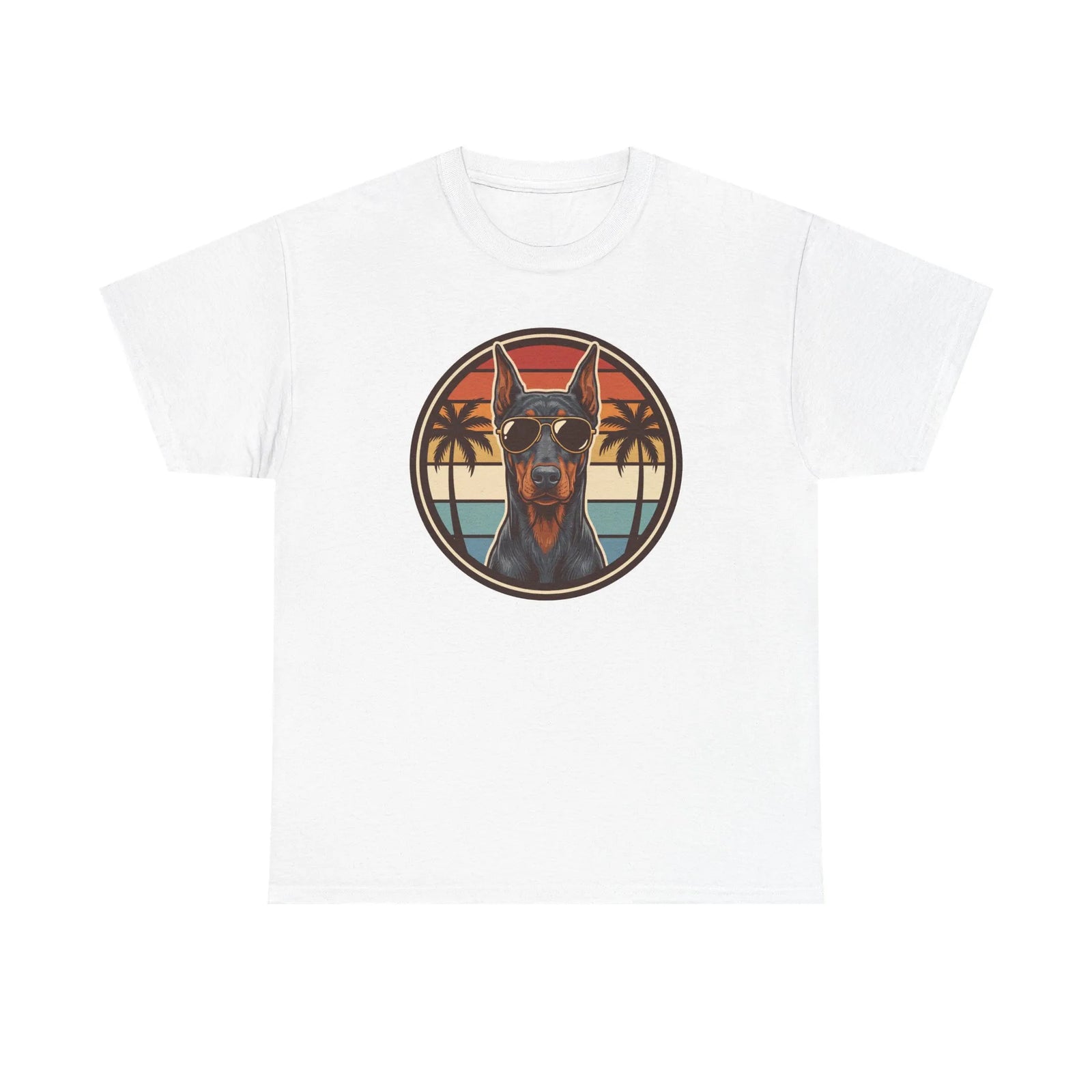 Doberman 70s Sunset Aviators T-Shirt - Heavy Cotton Classic Fit Tee - Unisex White