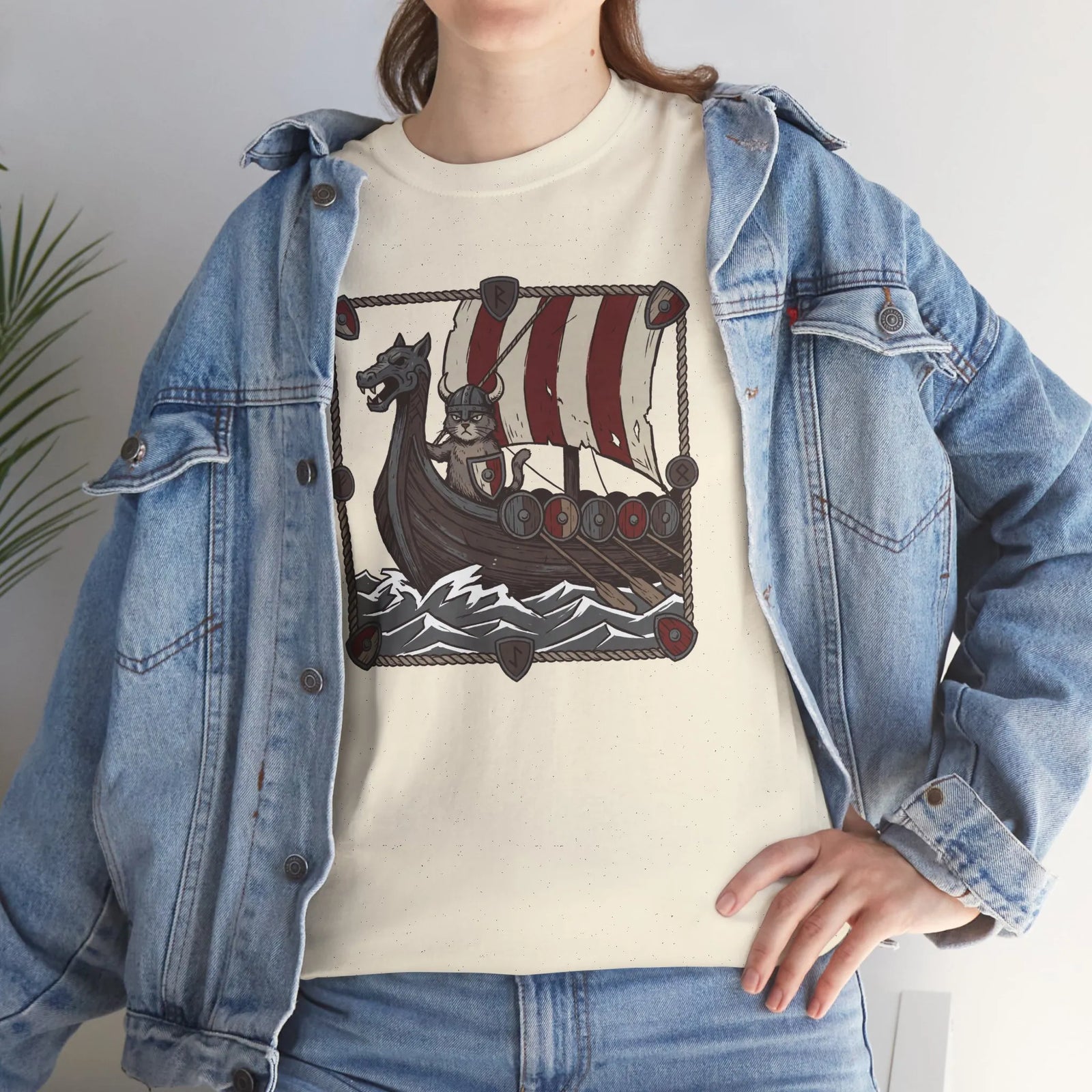 Viking Berserker Cat Longship T-Shirt - Heavyweight Cotton Classic Crewneck - Unisex White