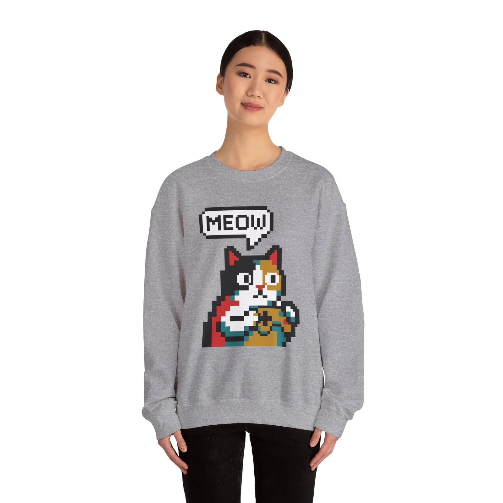 8-Bit Pixel Gaming Cat Sweatshirt - Heavy Blend Crewneck Classic Fit - Unisex White