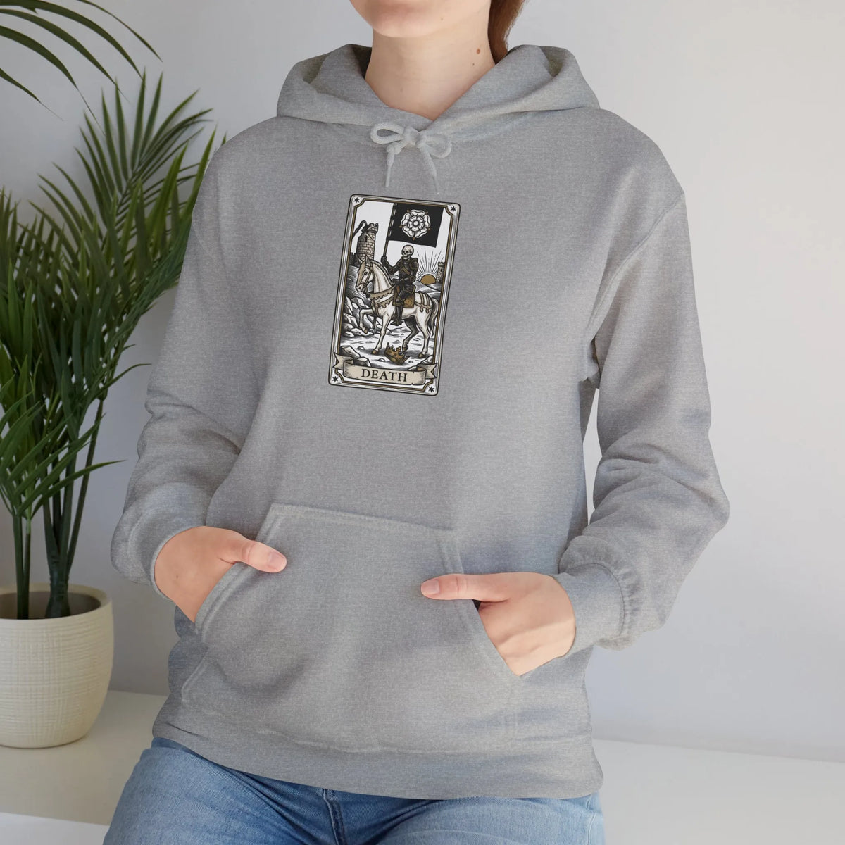 Death Tarot Card Graphic Hoodie - Medium-Heavy Cotton-Poly Blend Pullover - Unisex White