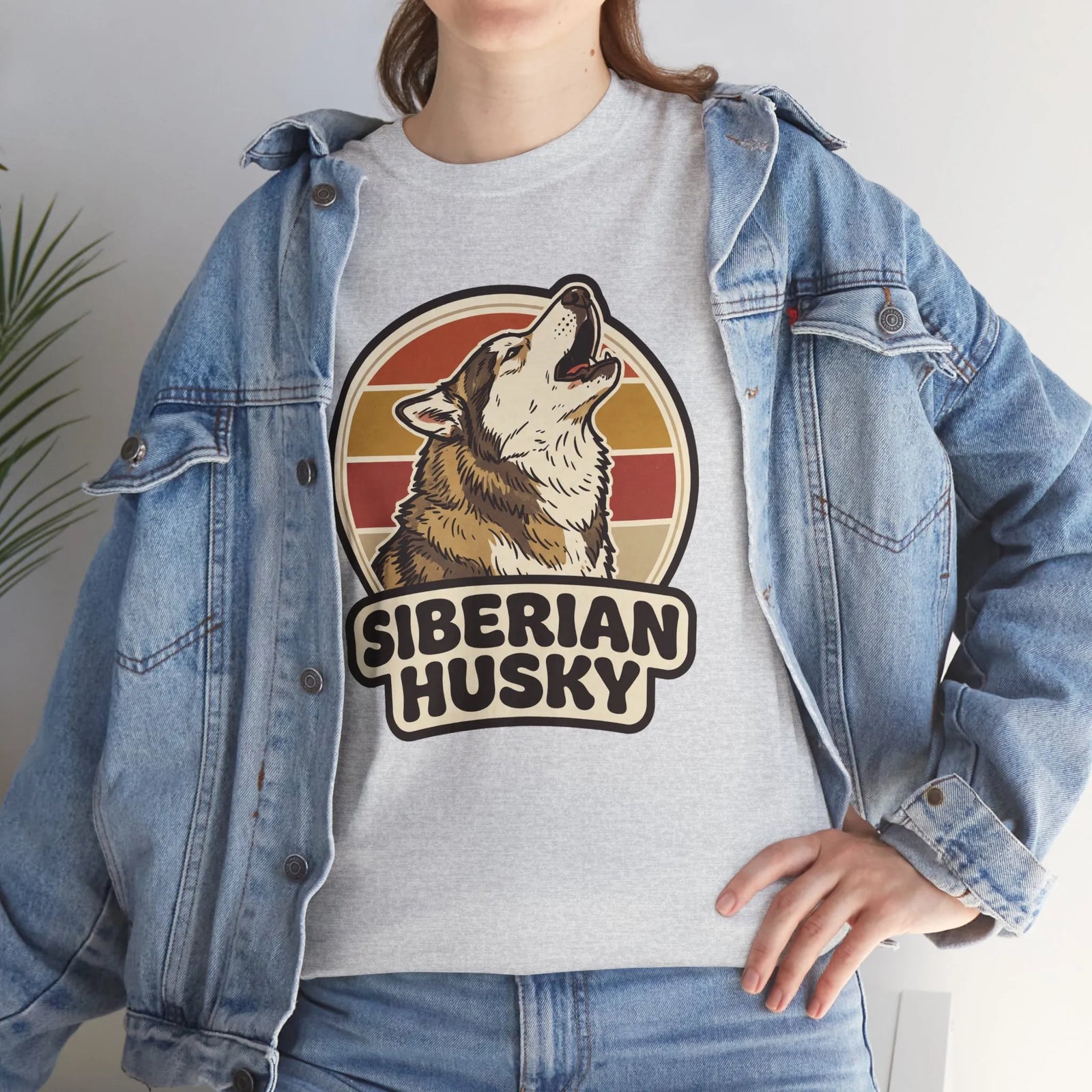 Siberian Husky Retro Sunset T-Shirt - Heavy Cotton Classic Fit Tee - Unisex White