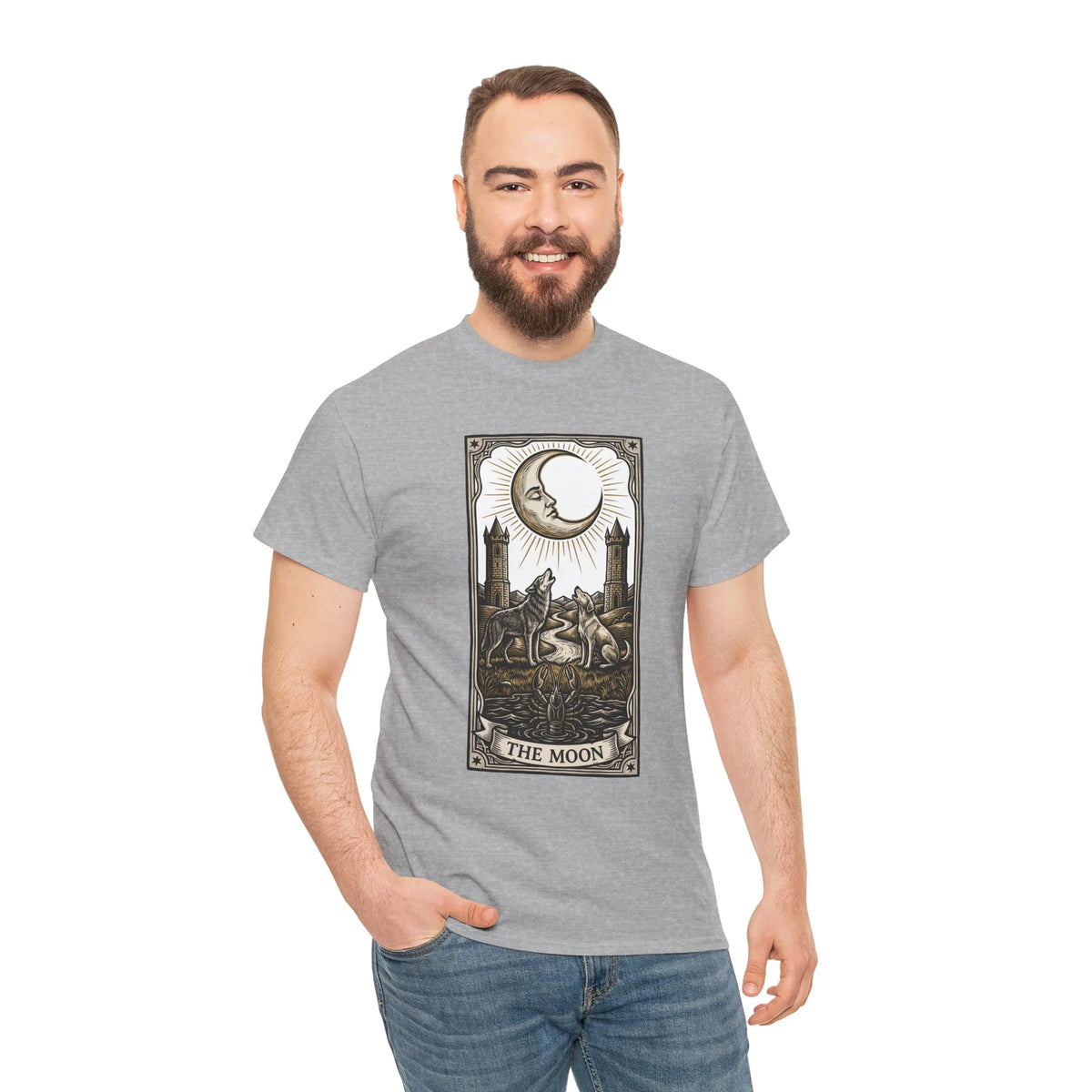 Moonlight Wolves Tarot Graphic T-Shirt - Heavy Cotton Classic Fit Crewneck - Unisex White