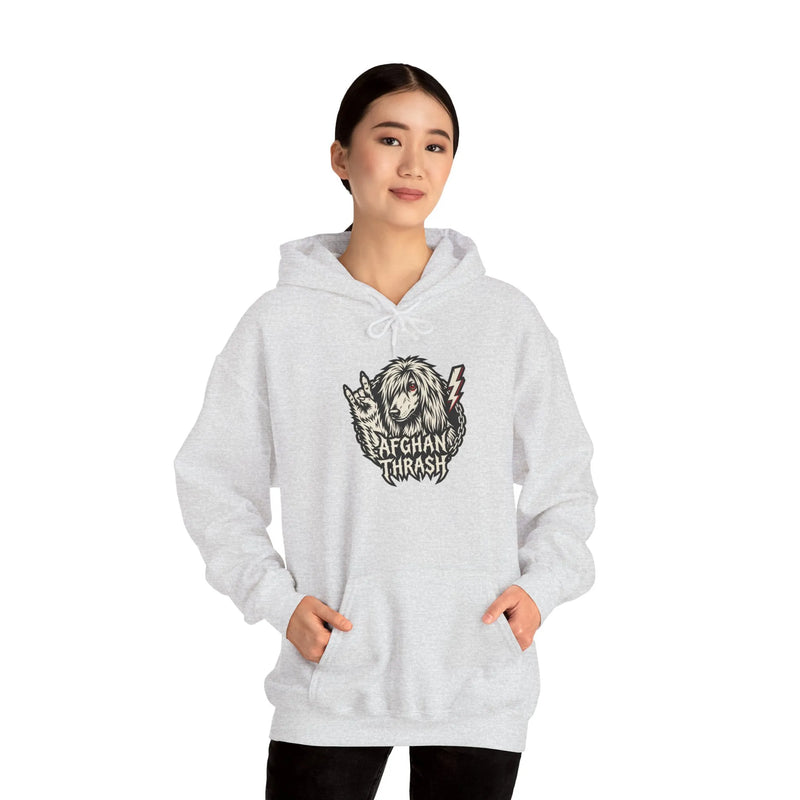 Headbanger Metal Dog Graphic Hoodie - Warm Cotton Blend Pullover - Unisex Ash