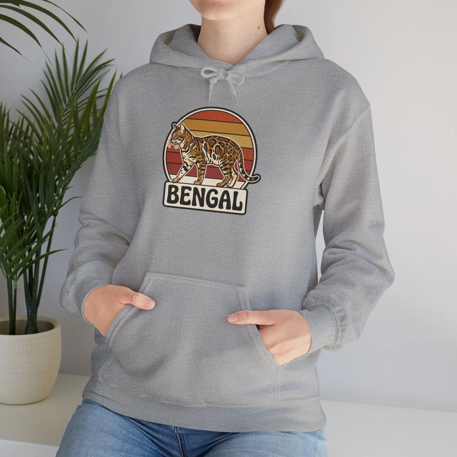 Retro 70s Sunset Bengal Cat Hoodie - Cozy Fleece Blend Pullover - Unisex Ash
