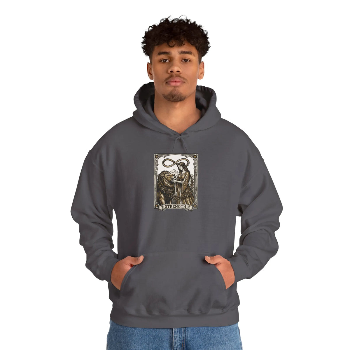 Strength Tarot Card Graphic Hoodie - Heavy Blend Fleece Pullover - Unisex White