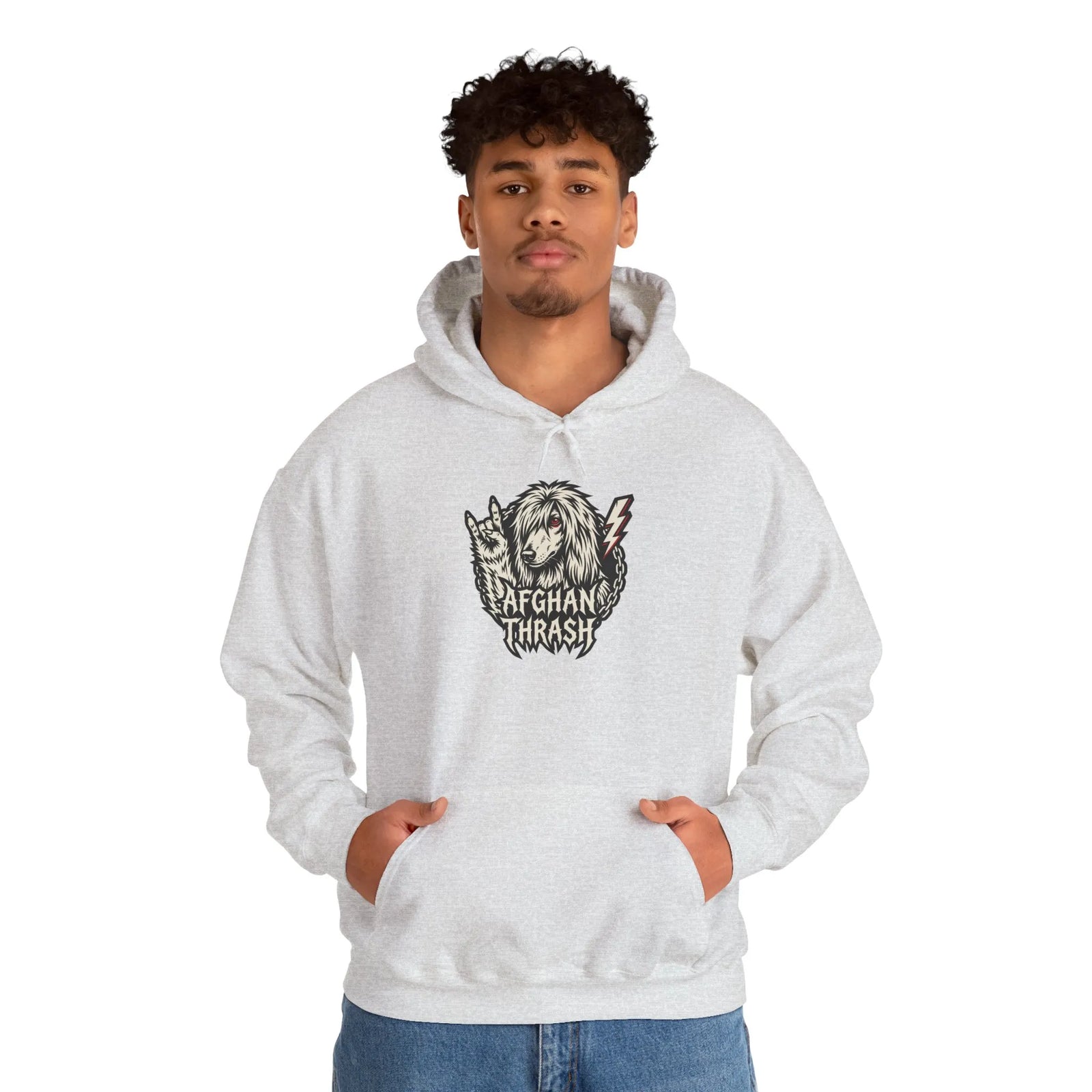 Headbanger Metal Dog Graphic Hoodie - Warm Cotton Blend Pullover - Unisex Ash