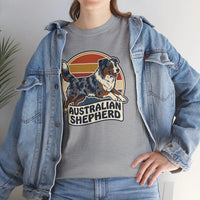 Australian Shepherd Retro 70s Sunset T-Shirt - Heavy Cotton Classic Fit Tee - Unisex White
