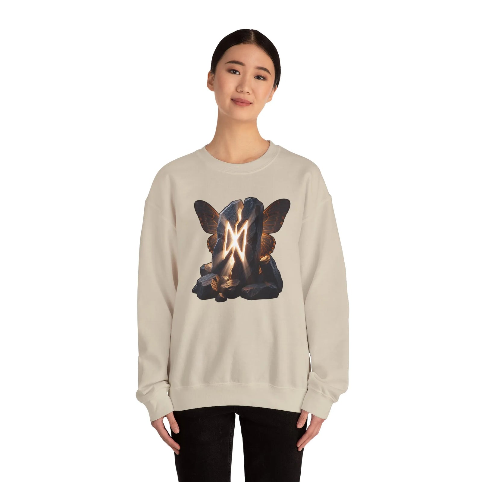 Dagaz Rune Stone Butterfly Sweatshirt - Heavy Blend Cotton Poly Crewneck - Unisex Off-White