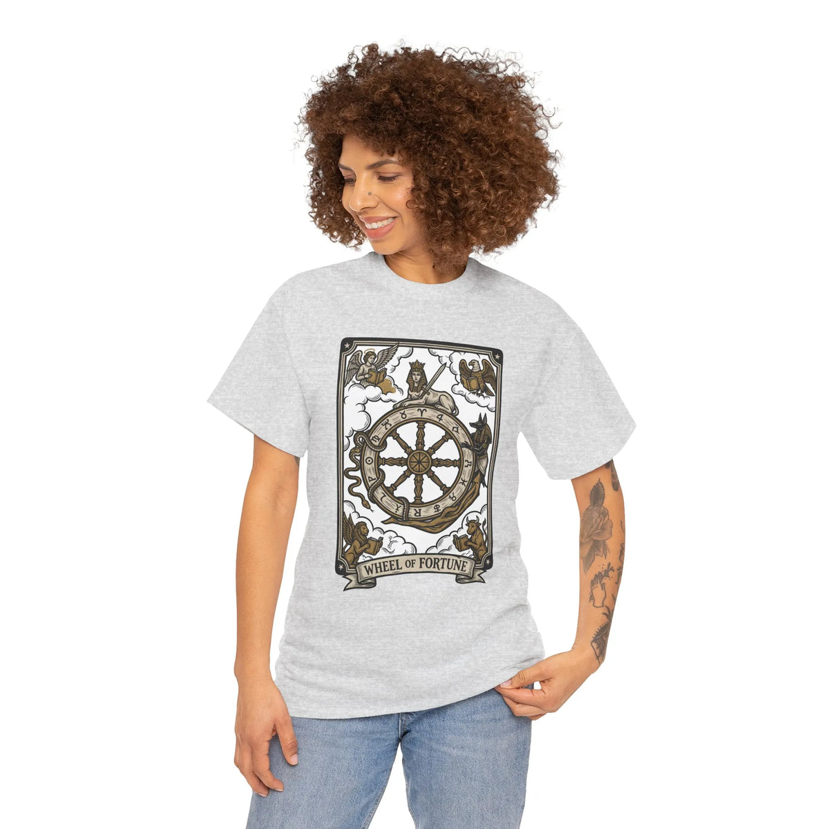 Wheel of Fortune Tarot Graphic T-Shirt - Heavyweight Cotton Classic Fit - Unisex White