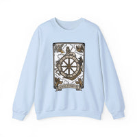 Wheel of Fortune Tarot Card Sweatshirt - Heavy Blend Crewneck Fleece - Unisex White
