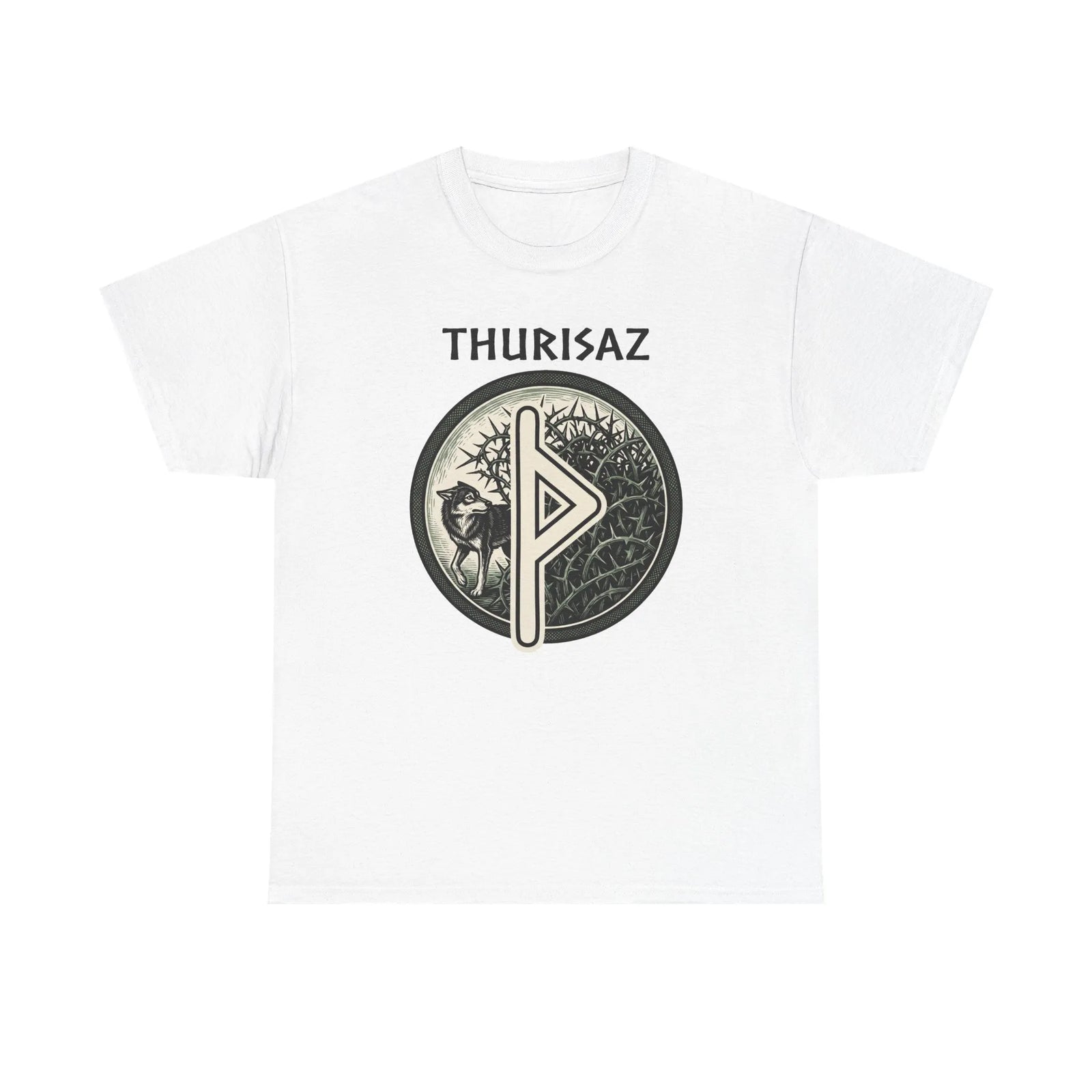 Thurisaz Rune Wolf Thorn T-Shirt - Medium Weight 100% Cotton Tee - Unisex White