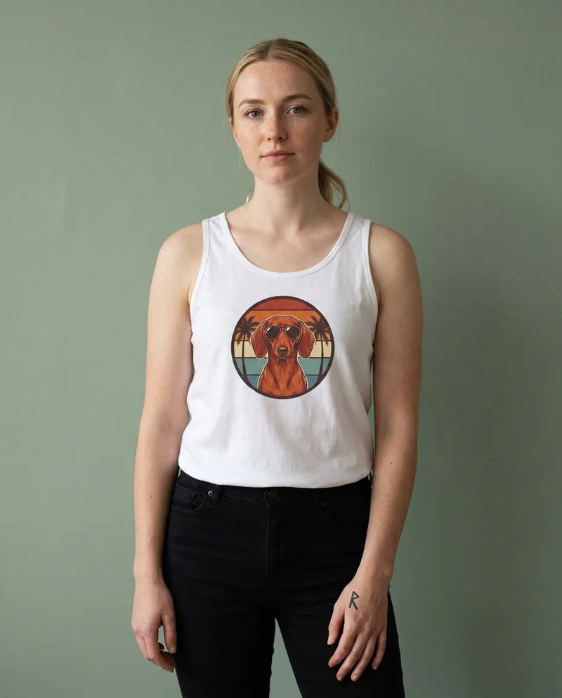 Dachshund 70s Sunset Aviators Tank Top - Lightweight Cotton Retail Fit - Unisex White