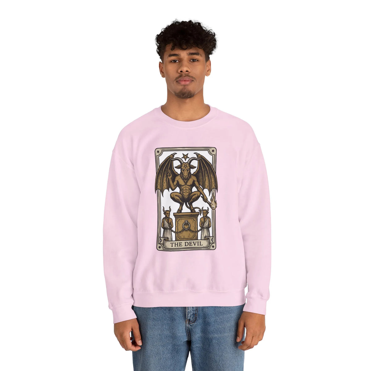Devil Tarot Card Graphic Sweatshirt - Heavy Blend Fleece Crewneck - Unisex White