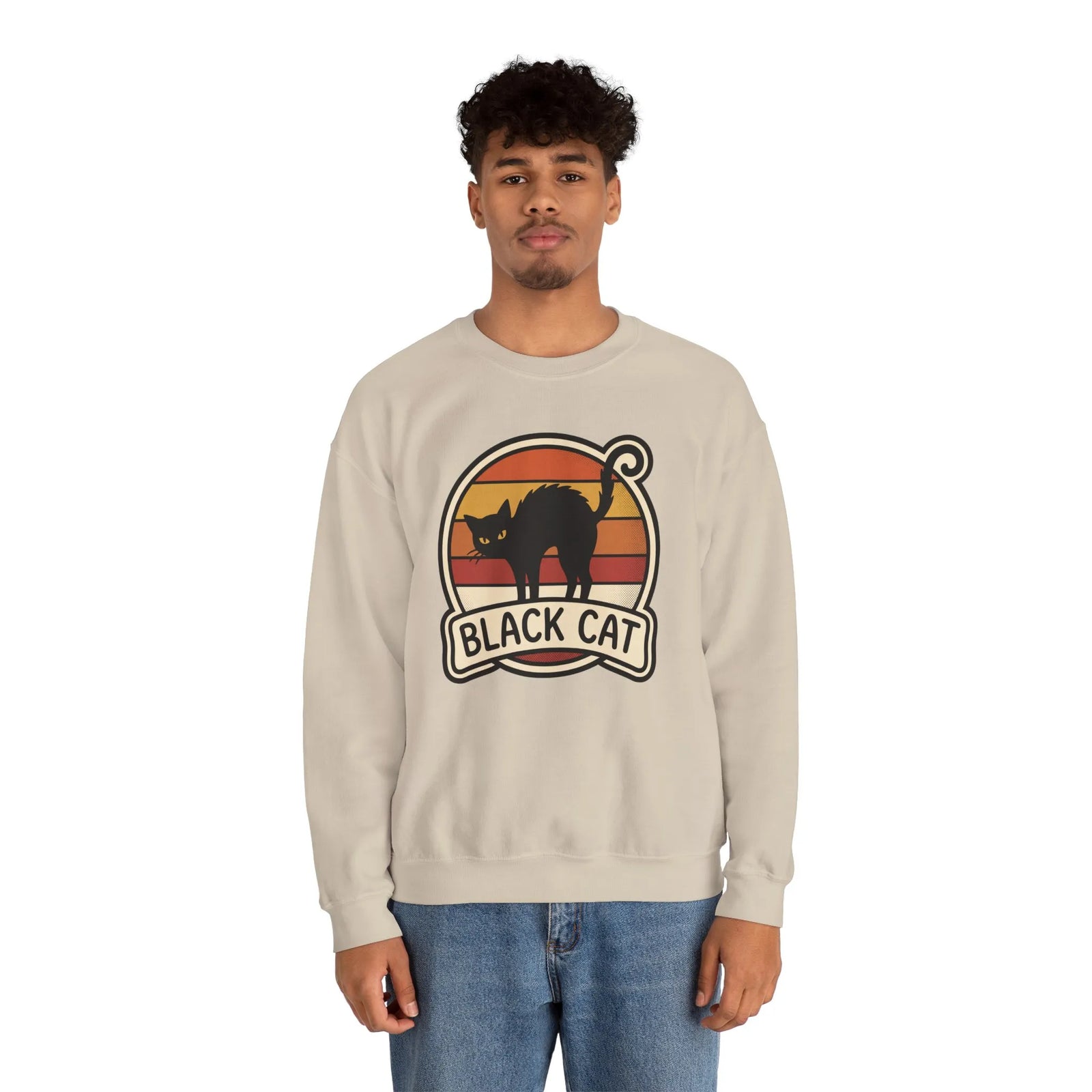 Black Cat Retro Sunset Sweatshirt - Heavy Blend Crewneck Fleece - Unisex White