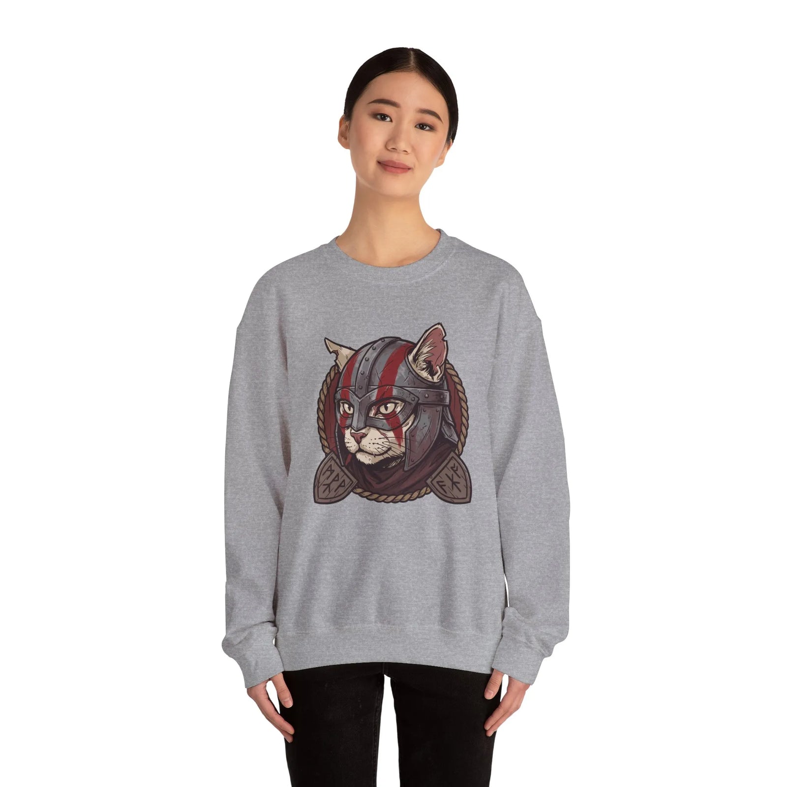 Viking Berserker Cat Graphic Sweatshirt - Heavy Blend Fleece Crewneck - Unisex White