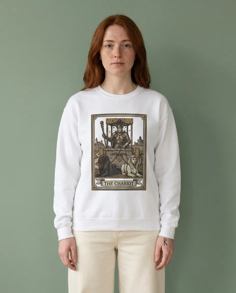 The Chariot Tarot Card Sweatshirt - Heavy Blend Cotton-Poly Crewneck - Unisex White