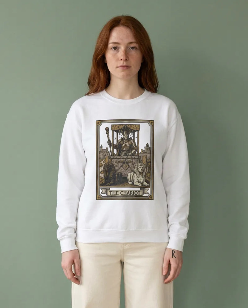 The Chariot Tarot Card Sweatshirt - Heavy Blend Cotton-Poly Crewneck - Unisex White