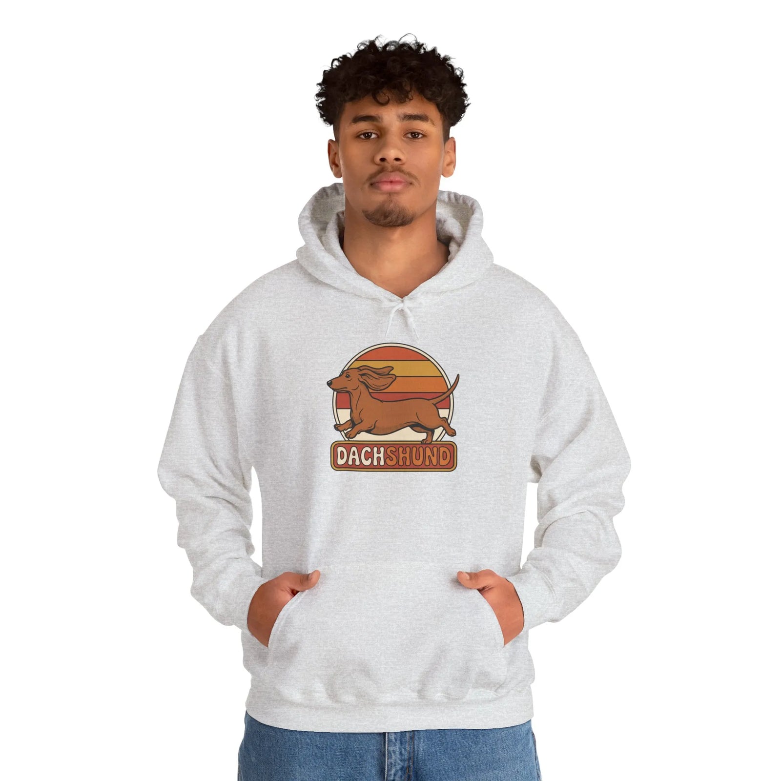 Dachshund Retro 70s Sunset Hoodie - Classic Fit Fleece Pullover - Unisex White