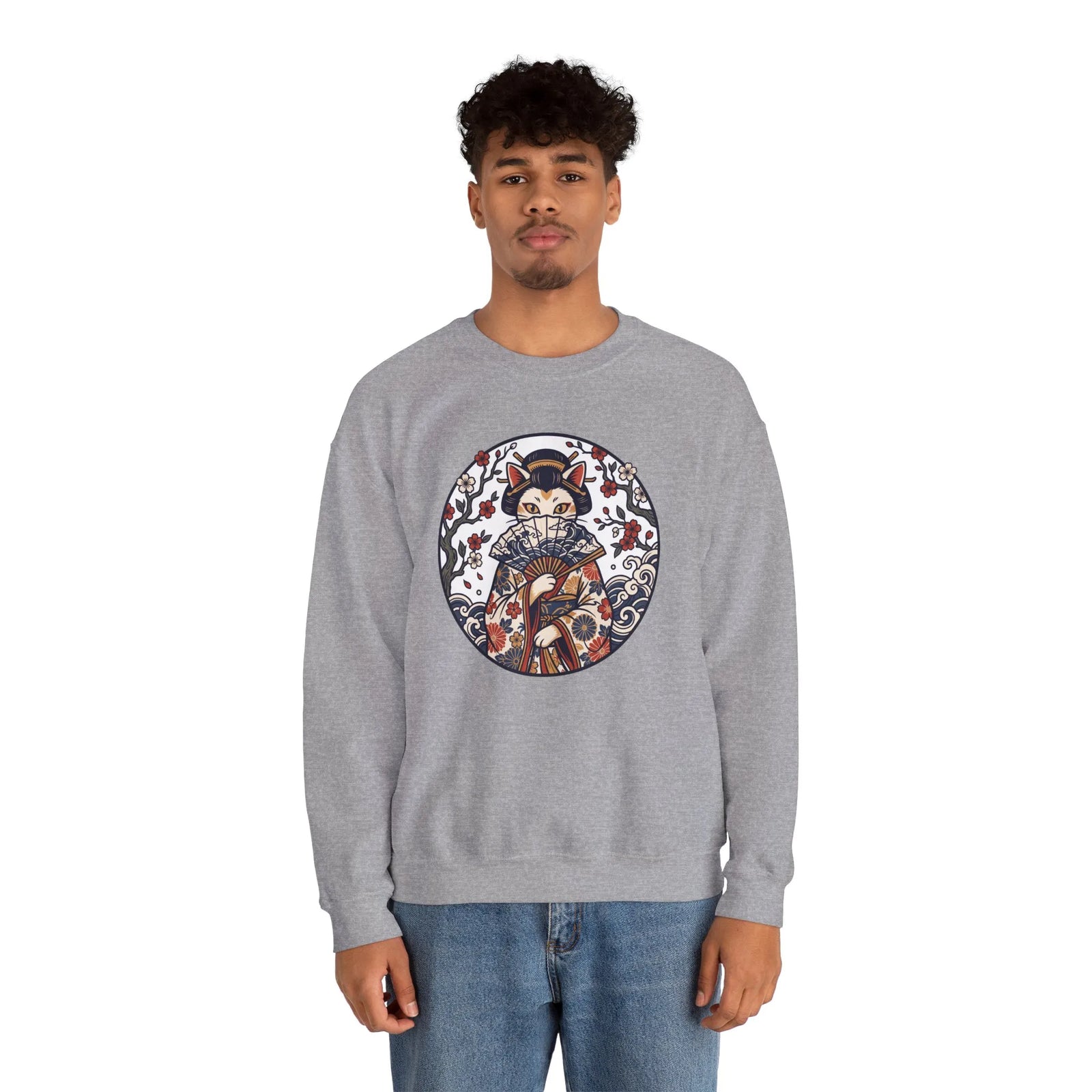 Ukiyo-e Samurai Cats Fan Dancer Sweatshirt - Heavy Blend Fleece Crewneck - Unisex White