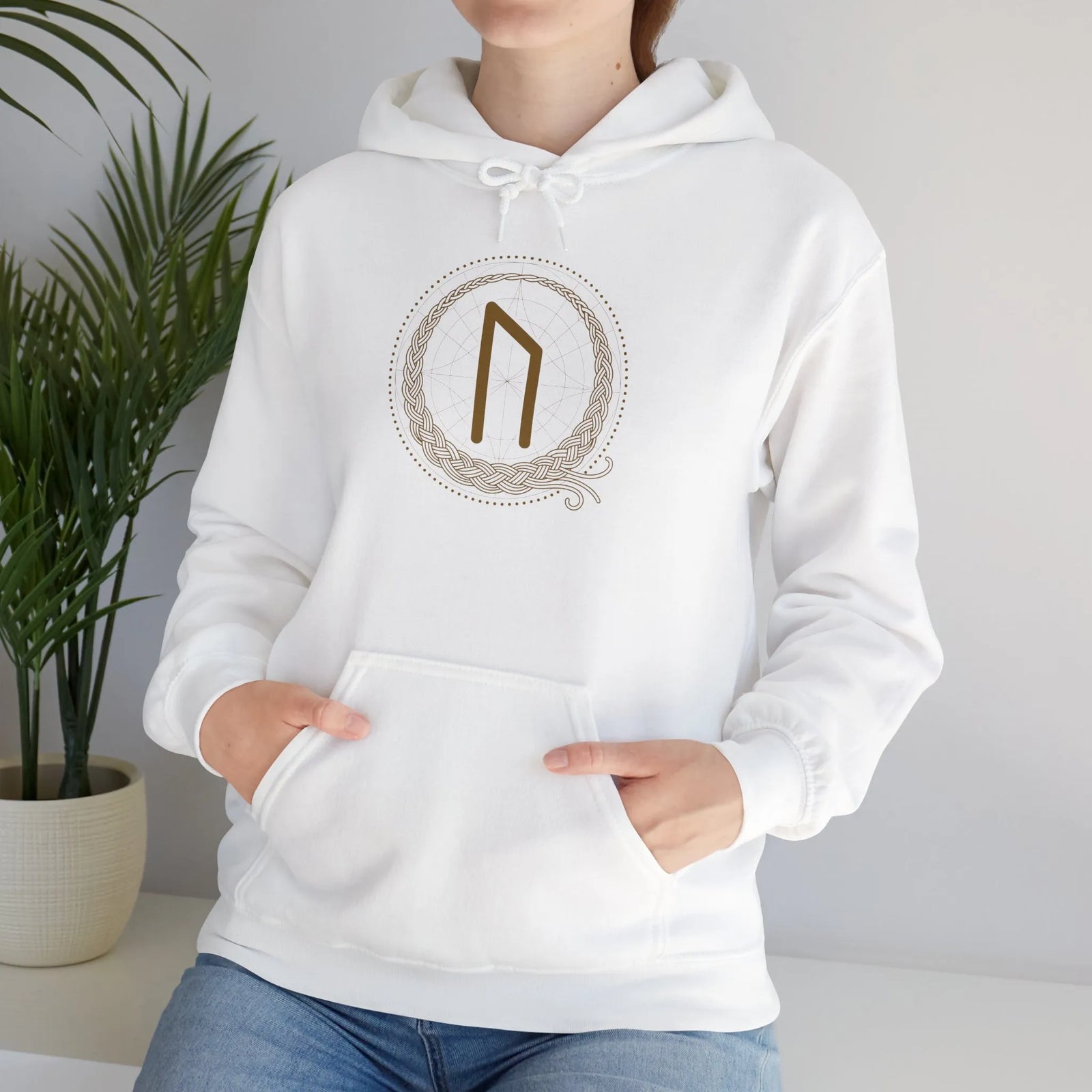 Uruz Rune Vitality Graphic Hoodie - Heavy Blend Fleece Pullover - Unisex White