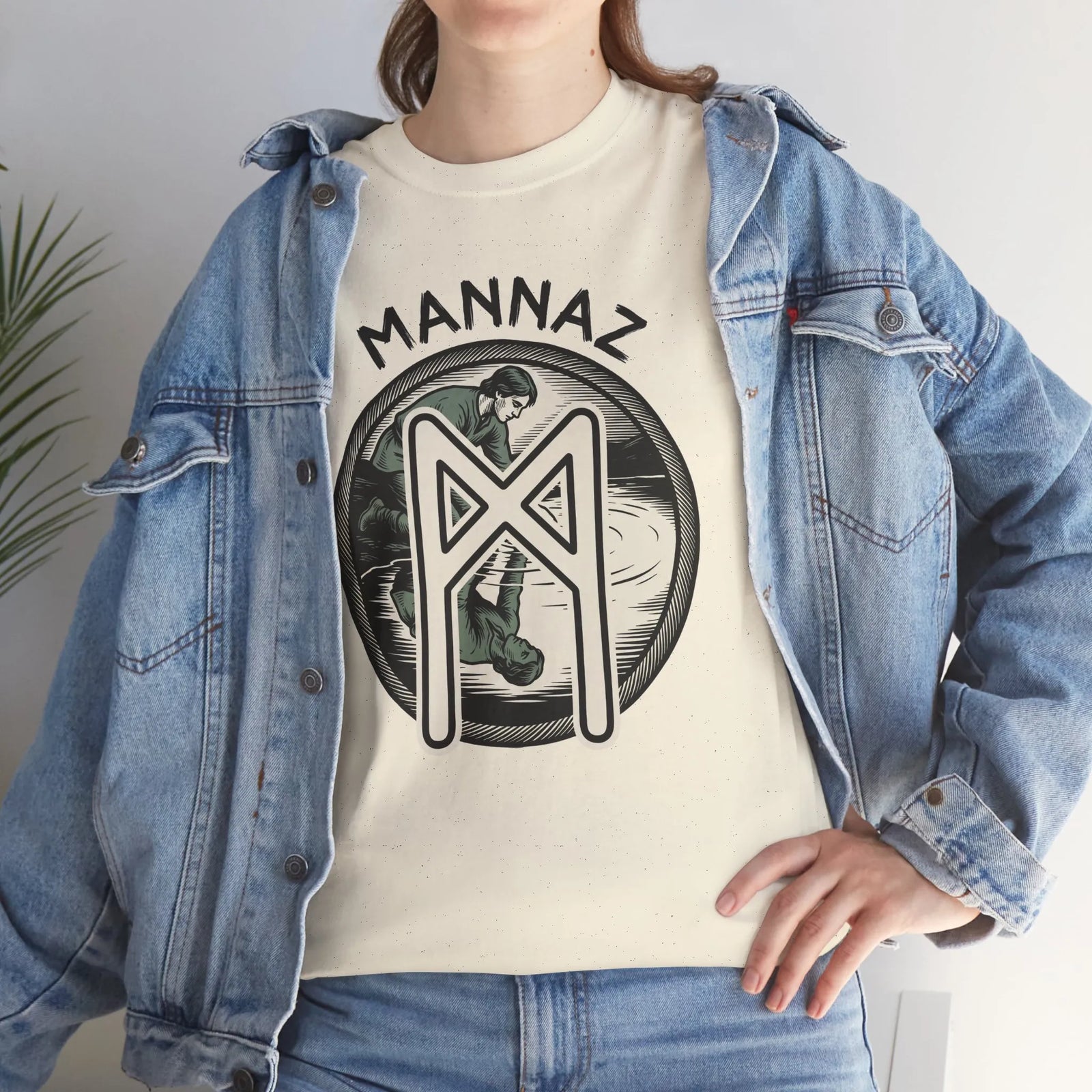 Mannaz Rune Reflection Graphic T-Shirt - Heavy Cotton Classic Fit Tee - Unisex White