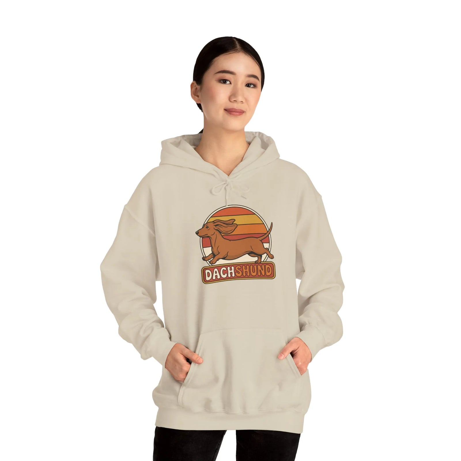 Dachshund Retro 70s Sunset Hoodie - Classic Fit Fleece Pullover - Unisex White