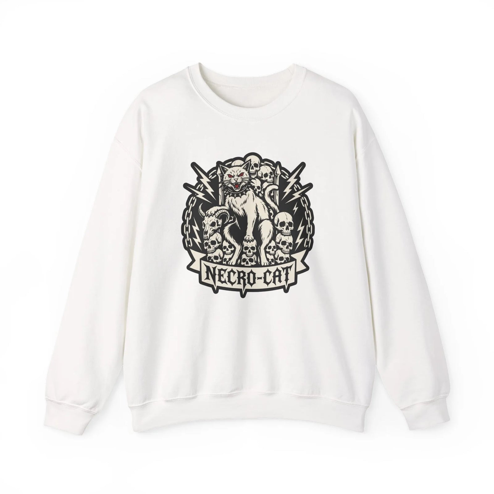 Skull Throne Heavy Metal Cats Sweatshirt - Heavy Blend Fleece Crewneck - Unisex White