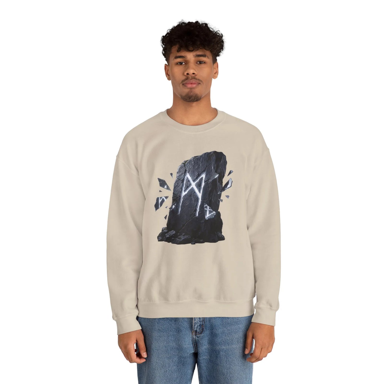 Mannaz Rune Stone Graphic Sweatshirt - Heavy Blend Crewneck Pullover - Unisex Off White