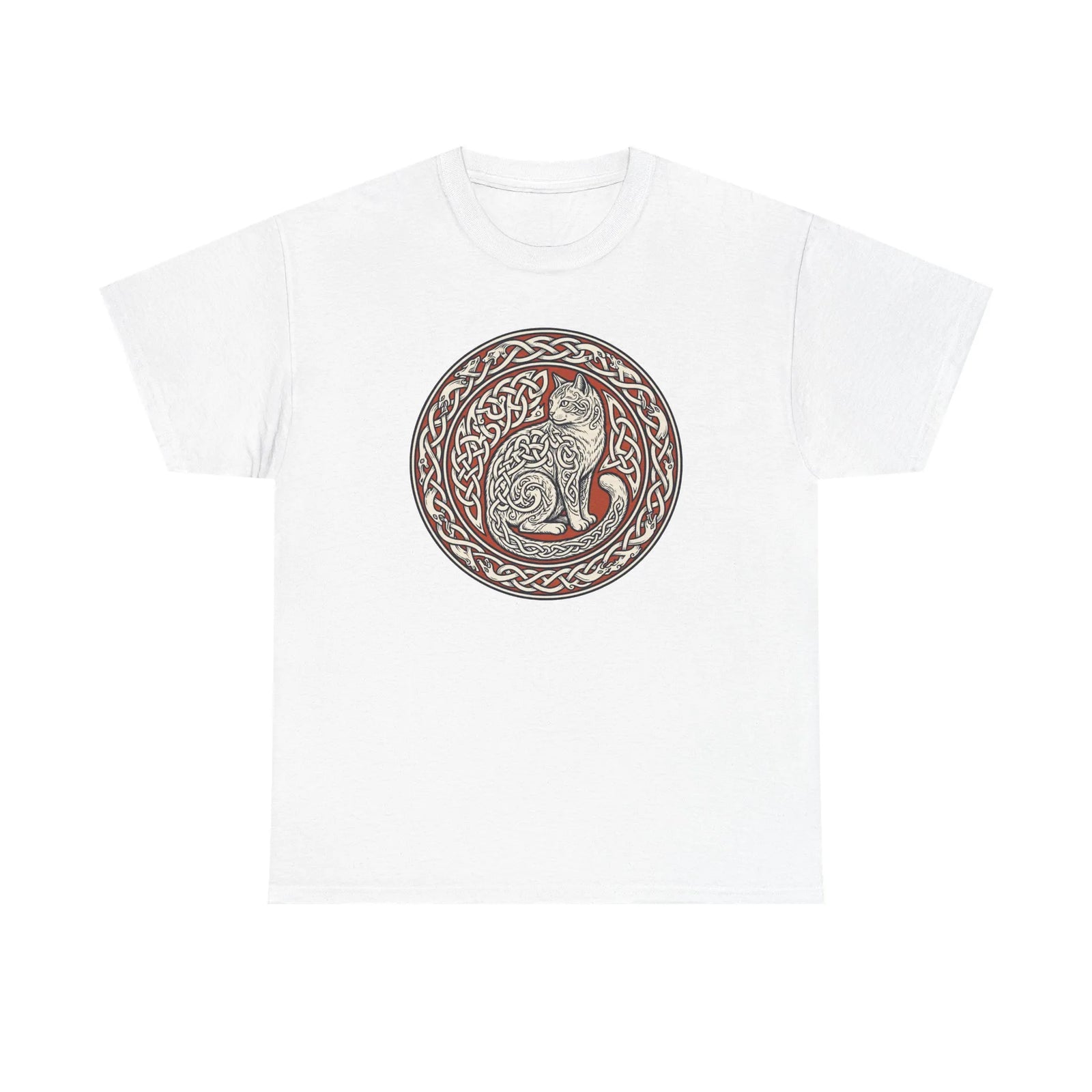 Norse Knotwork Cat Freyja T-Shirt - Heavy Cotton Classic Fit Tee - Unisex White