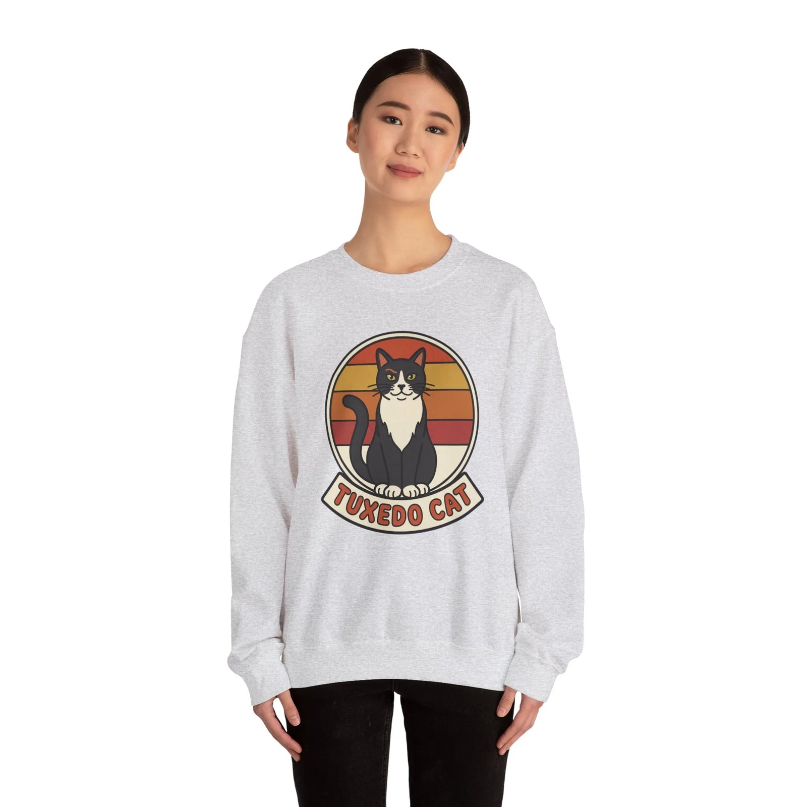 Tuxedo Cat Retro Sunset Sweatshirt - Heavy Blend Fleece Crewneck - Unisex Ash