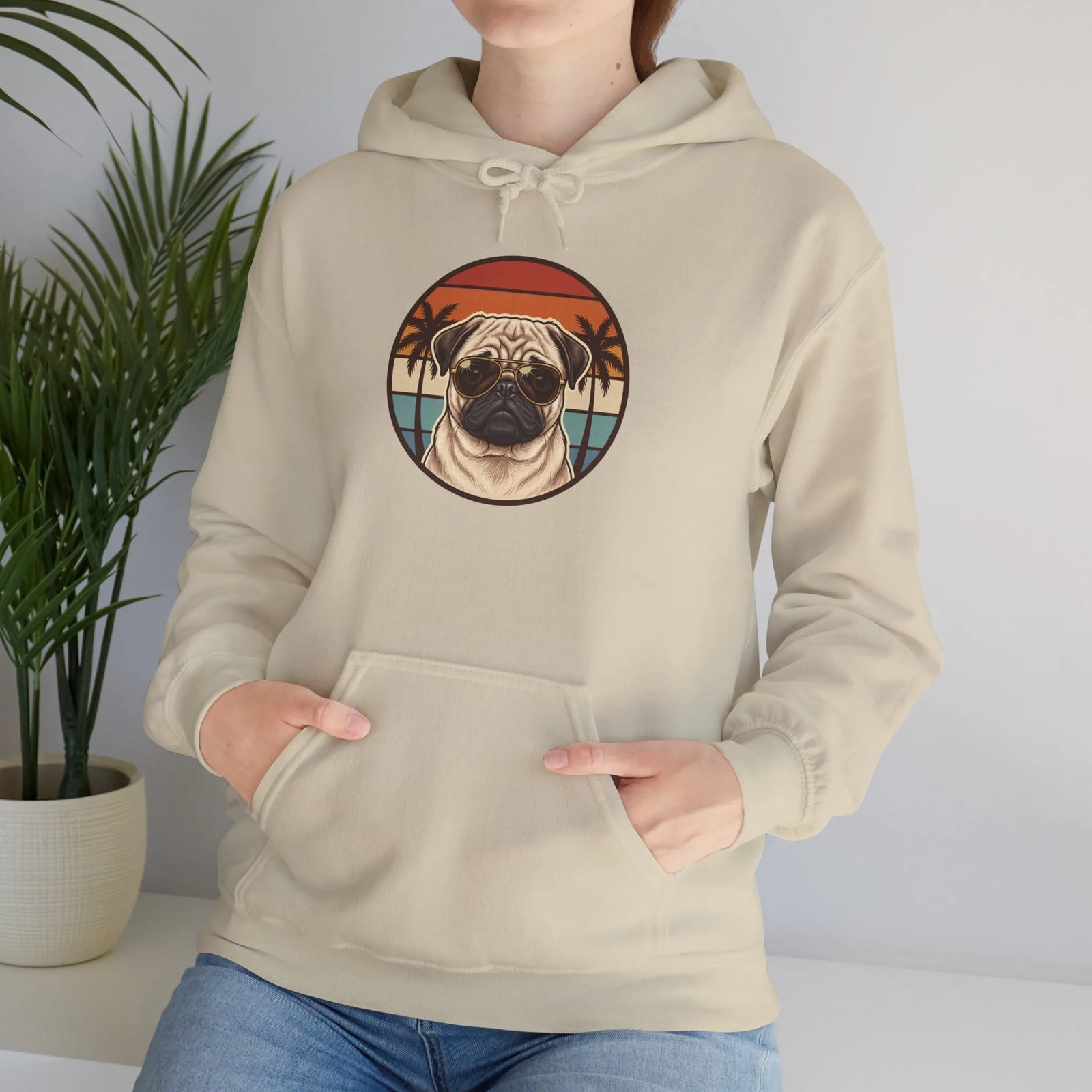 Pug 70s Sunset Aviator Hoodie - Heavyweight Cotton Blend Pullover Hoodie - Unisex White