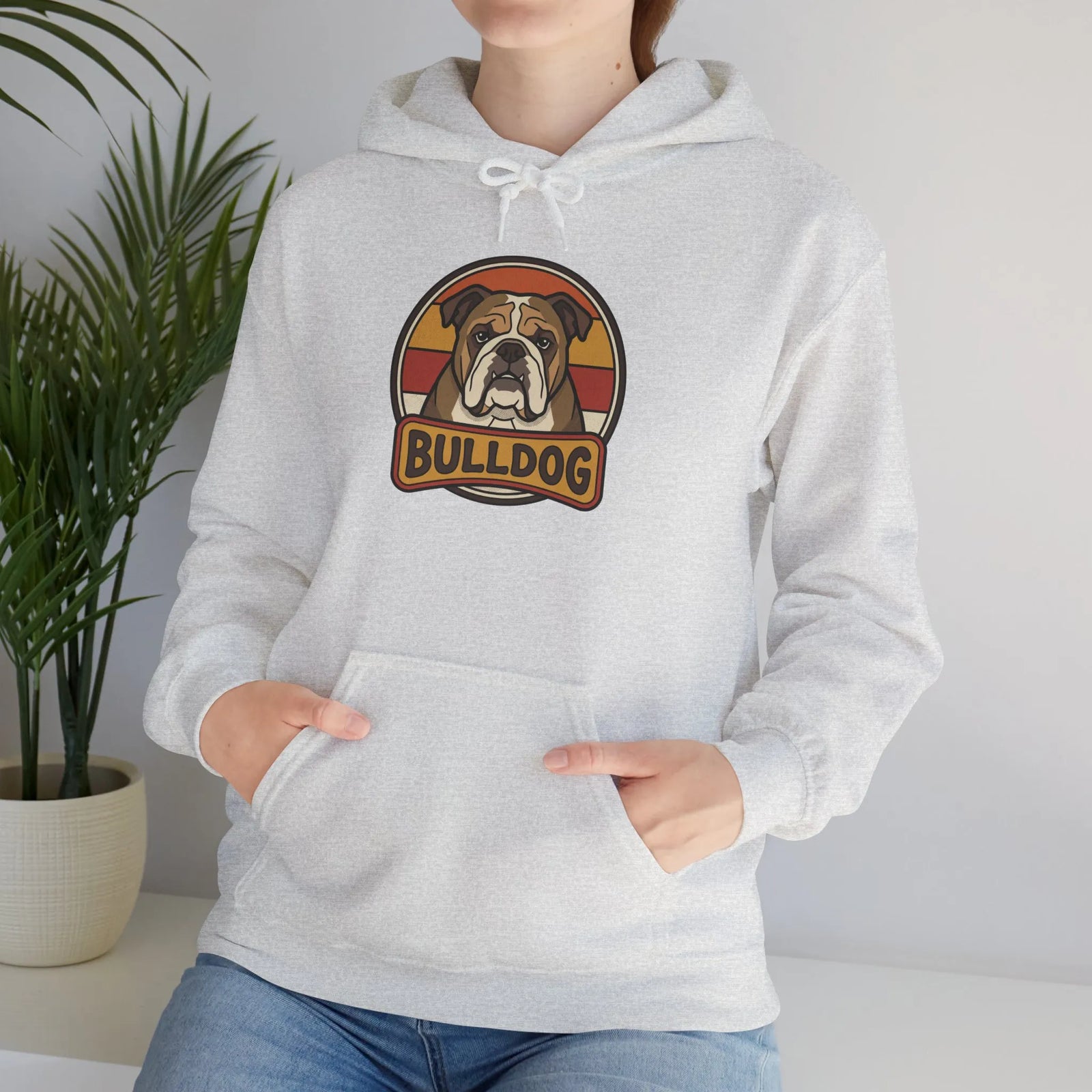 Bulldog Retro 70s Sunset Hoodie - Heavy Blend Fleece Pullover - Unisex White