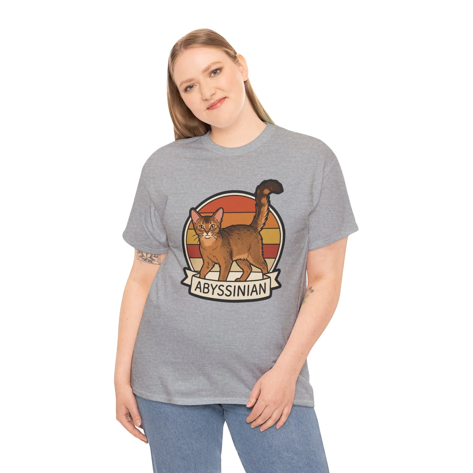 Abyssinian Retro 70s Sunset Cat T-Shirt - Heavy Cotton Classic Fit Tee - Unisex White