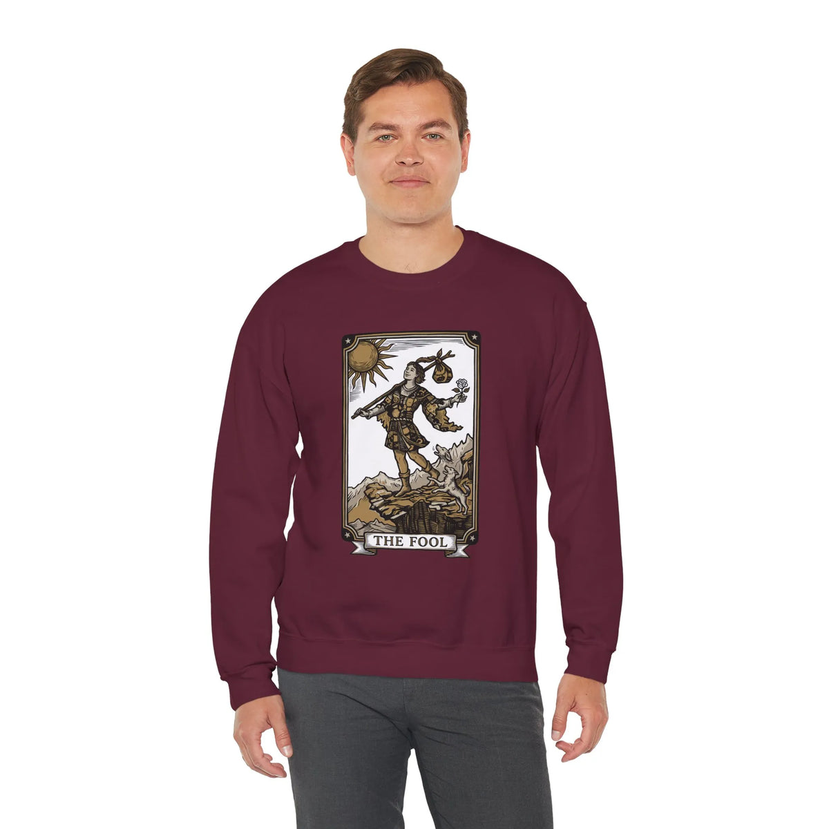 The Fool Tarot Card Graphic Sweatshirt - Heavy Blend Crewneck Fleece - Unisex White