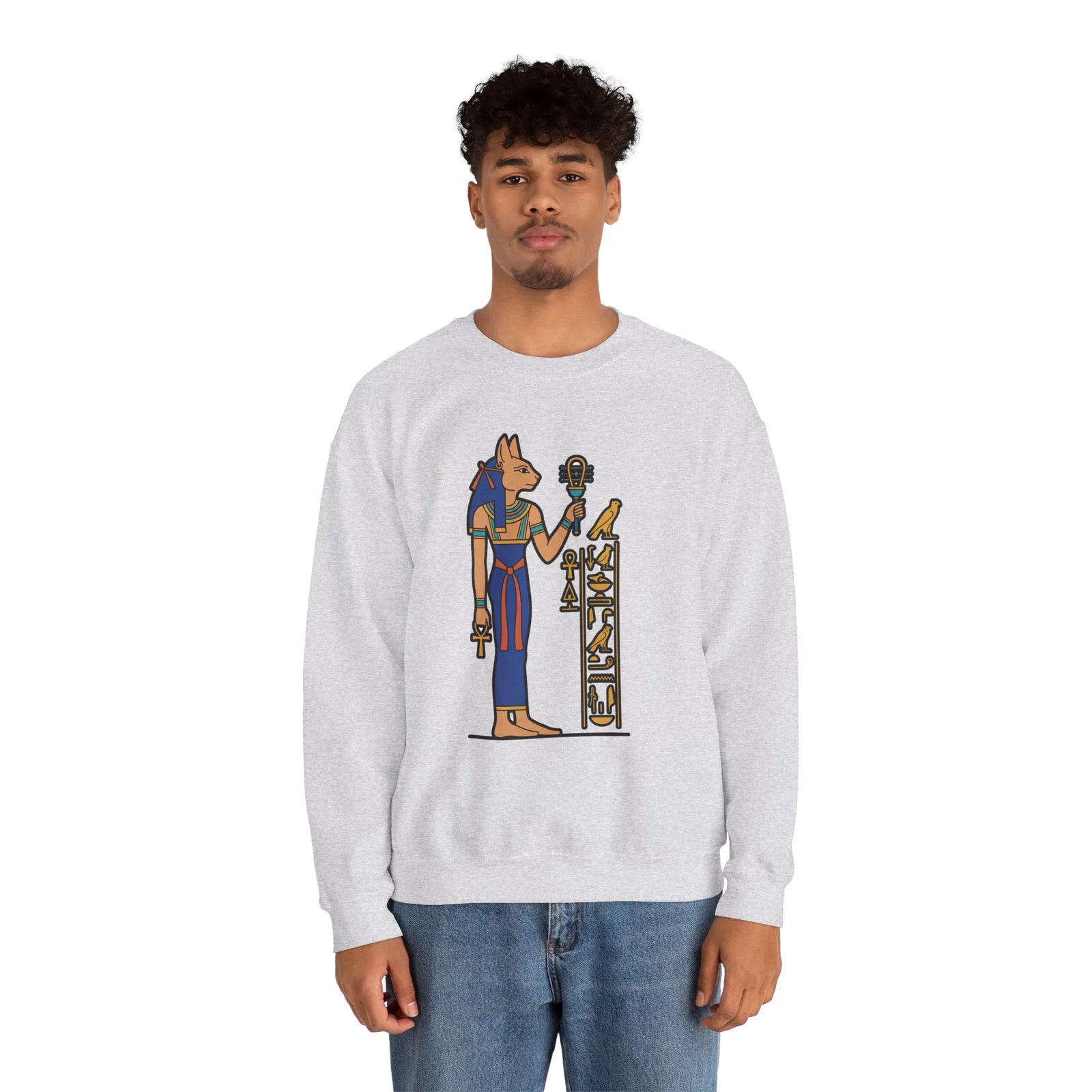 Bastet Sphynx Egyptian Cat Sweatshirt - Heavy Blend Fleece Crewneck - Unisex Ash Gray