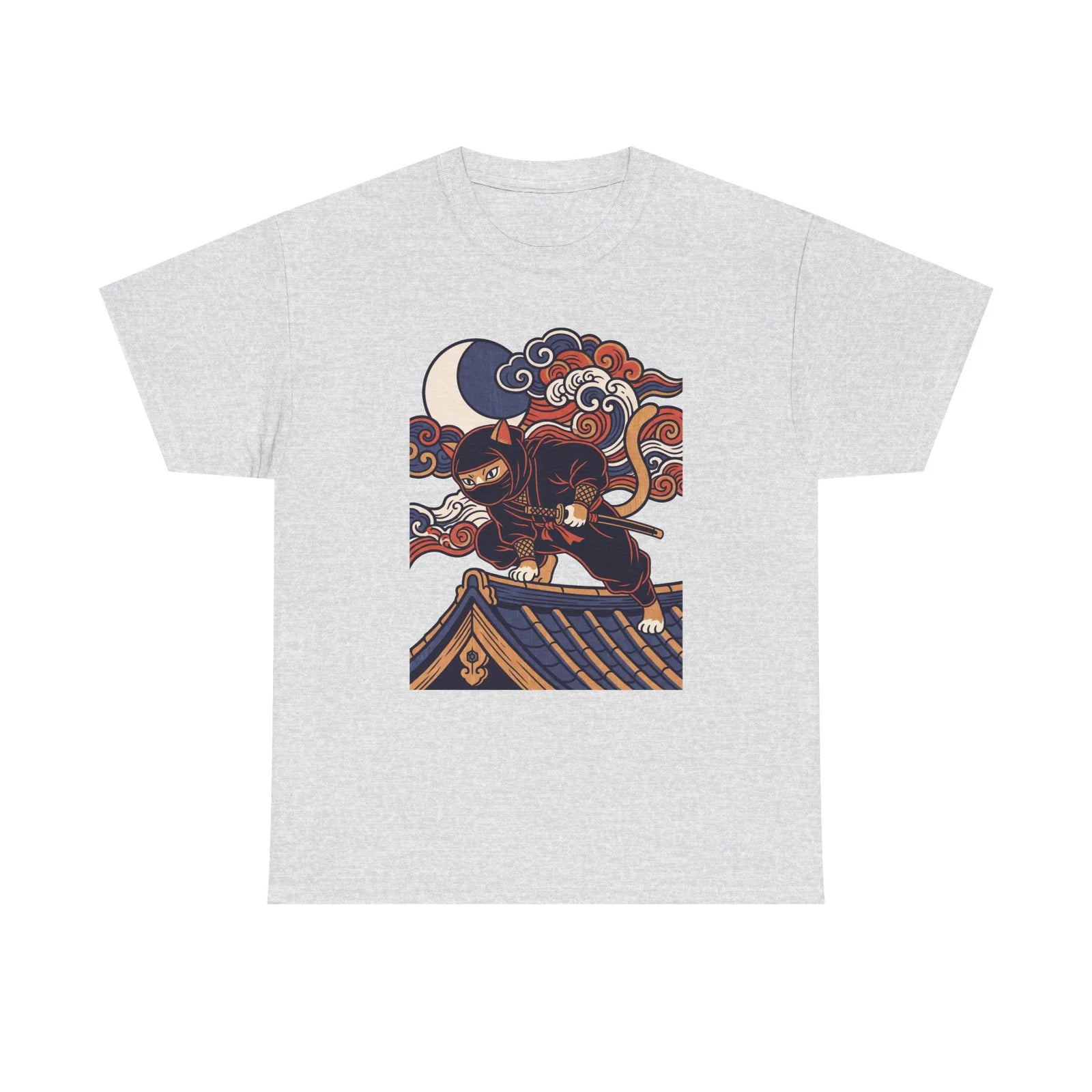 Ukiyo-e Samurai Cat Ninja T-Shirt - 100% Cotton Classic Fit Tee - Unisex White