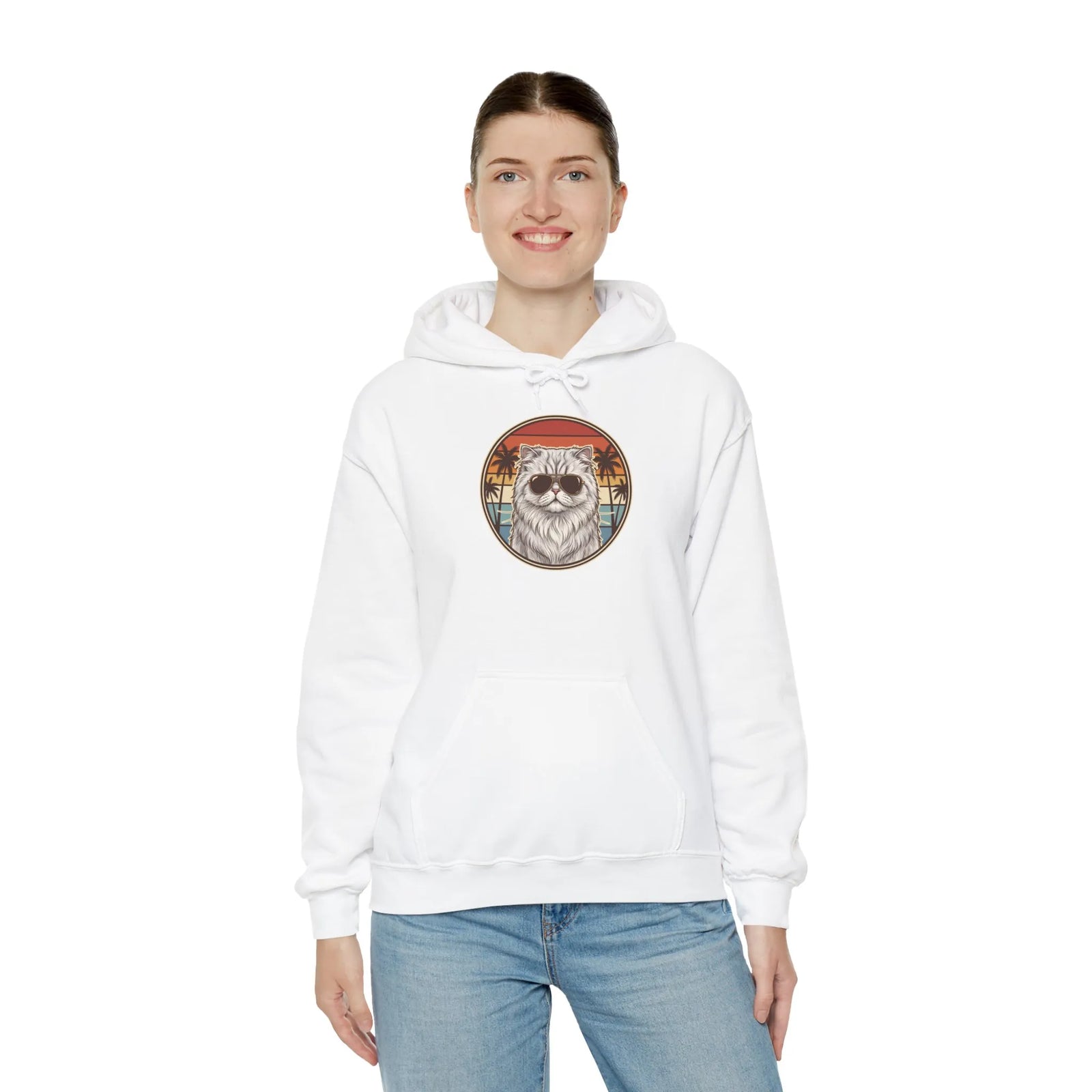 Persian Cat 70s Sunset Aviators Hoodie - Soft Cotton-Poly Blend Pullover - Unisex White