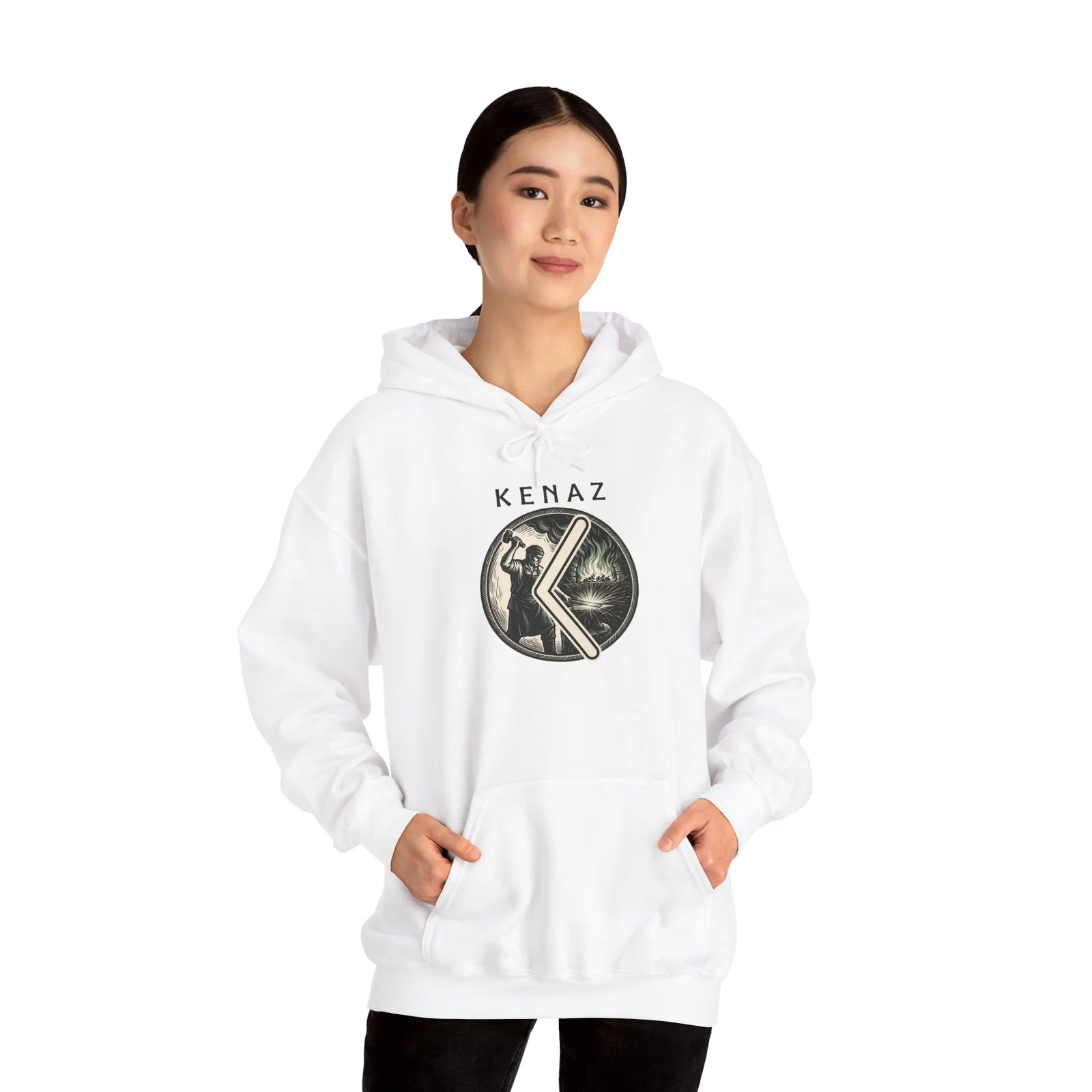 Kenaz Rune Forge Blacksmith Hoodie - Heavy Blend Fleece Pullover - Unisex Off White